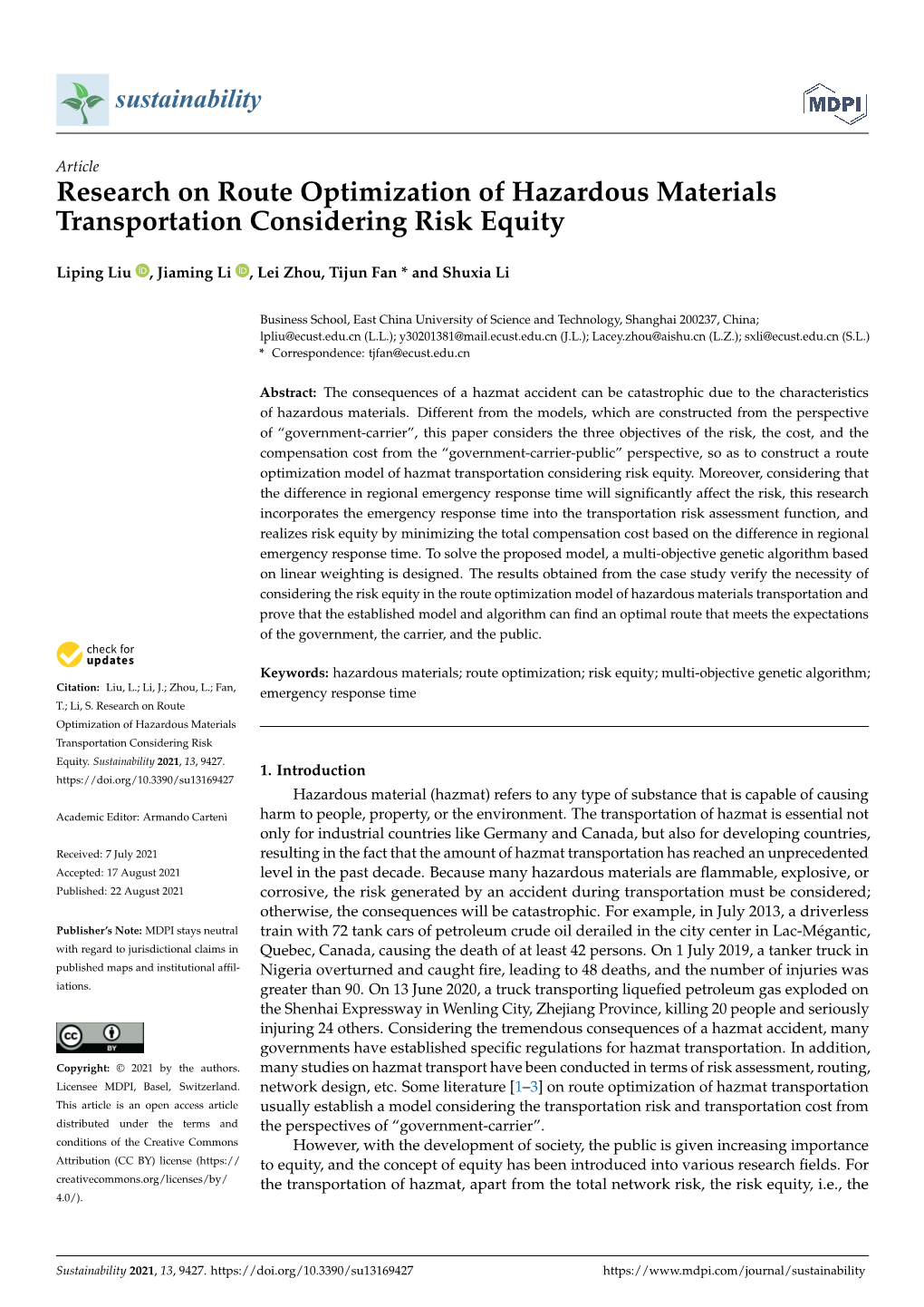 Research on Route Optimization of Hazardous Materials Transportation Considering Risk Equity