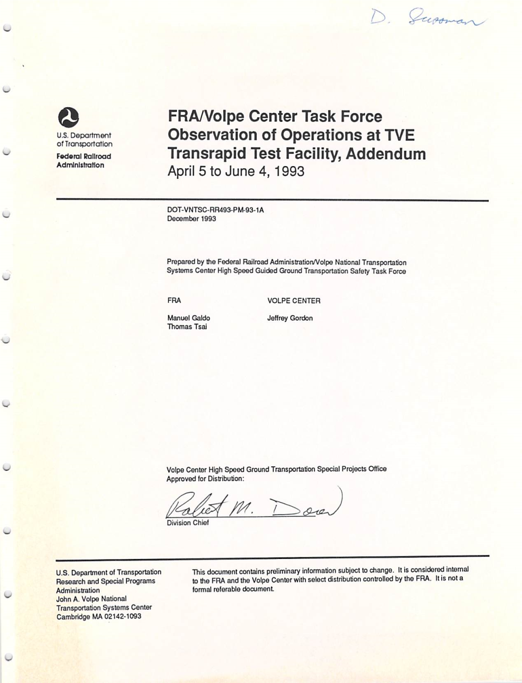 Transrapid Test Facility, Addendum Administration April 5 to June 4,1993