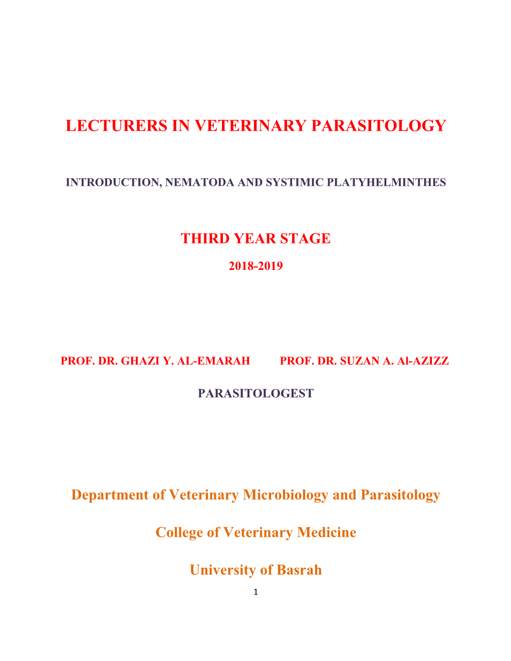 Lecturers in Veterinary Parasitology