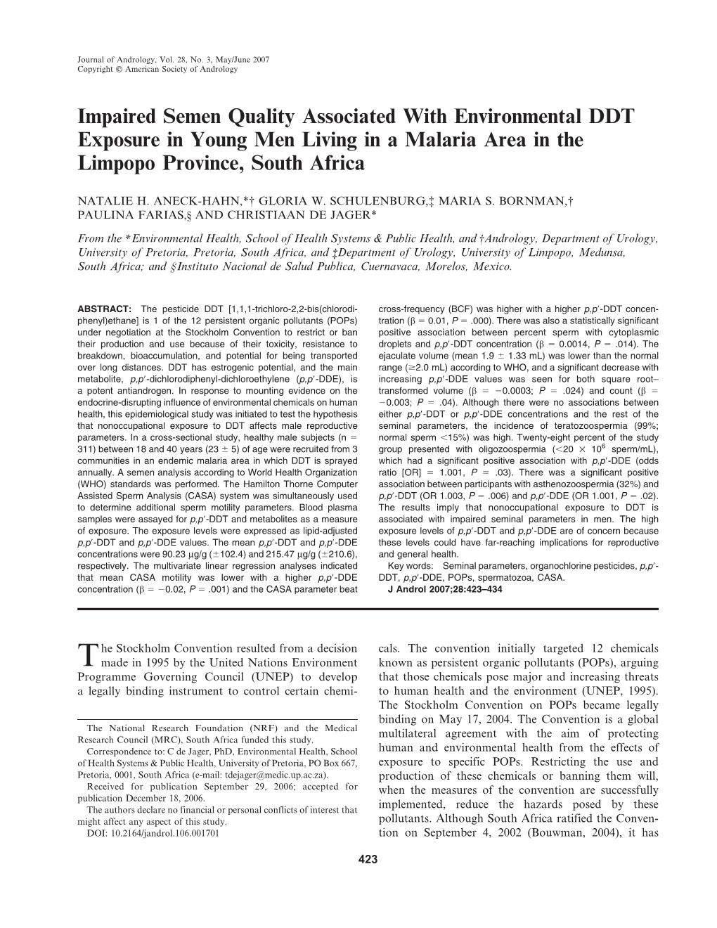 Impaired Semen Quality Associated with Environmental DDT Exposure in Young Men Living in a Malaria Area in the Limpopo Province, South Africa