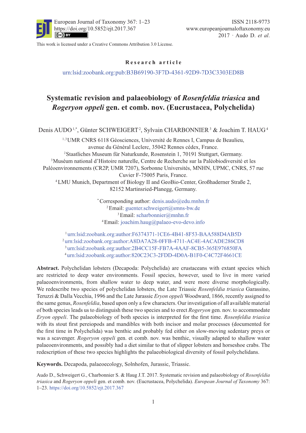 Systematic Revision and Palaeobiology of Rosenfeldia Triasica and Rogeryon Oppeli Gen