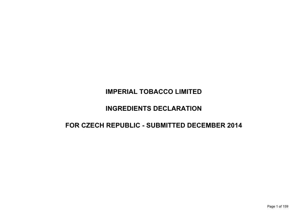 Imperial Tobacco Limited Ingredients Declaration for Czech Republic