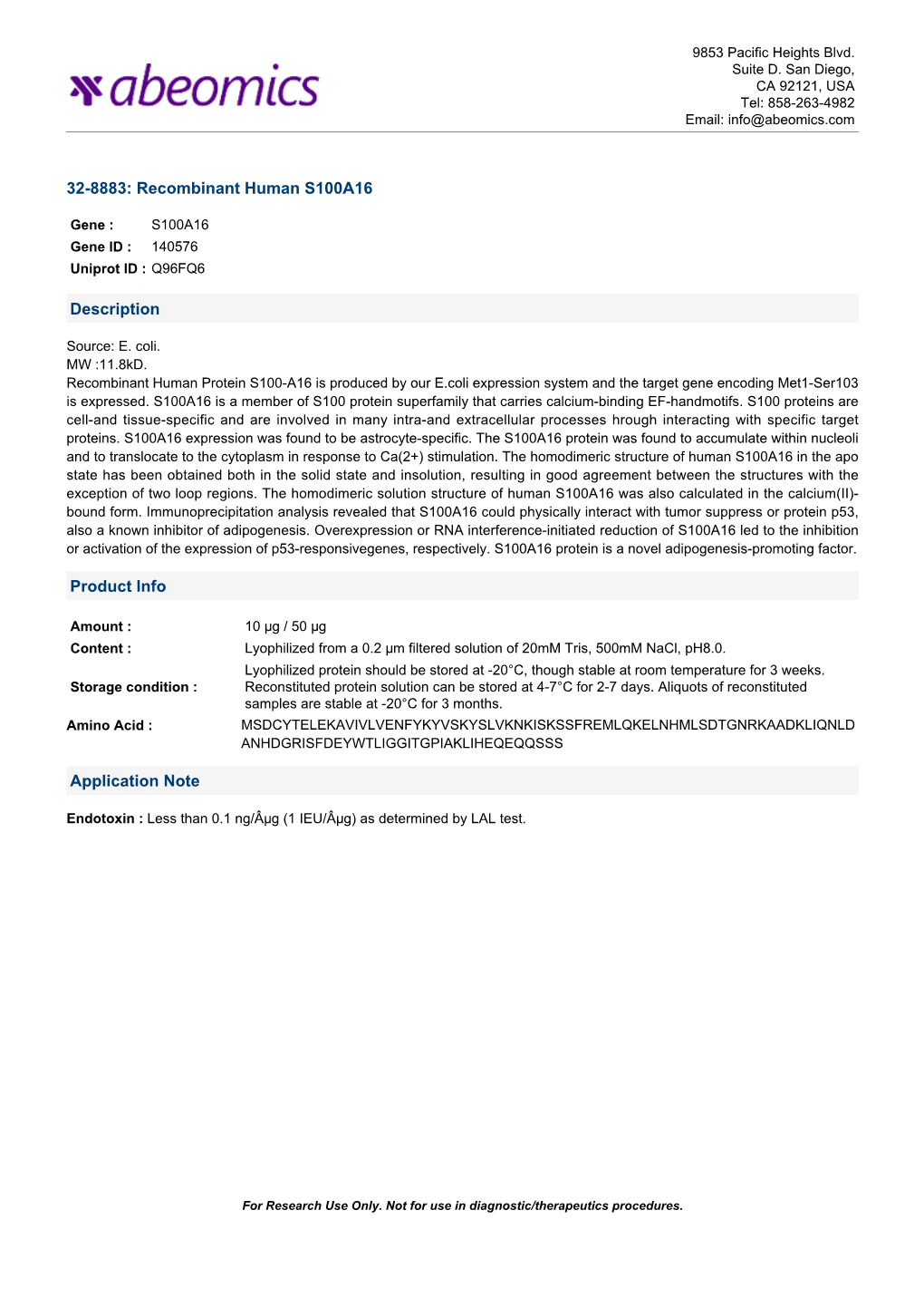 Recombinant Human S100A16 Description Product Info