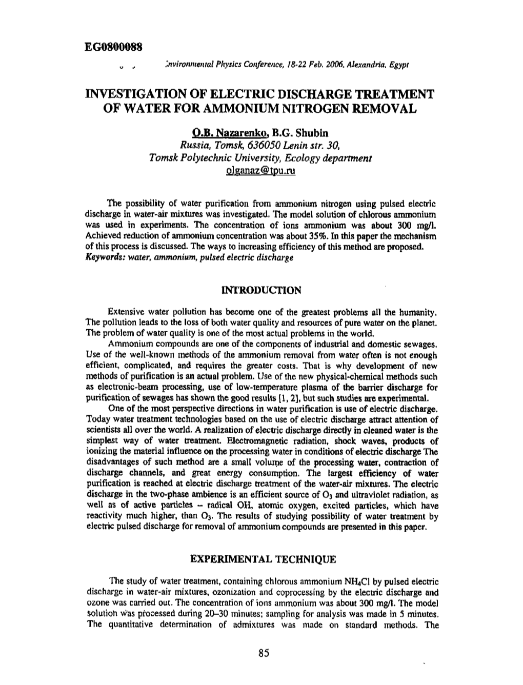 Investigation of Electric Discharge Treatment of Water for Ammonium Nitrogen Removal