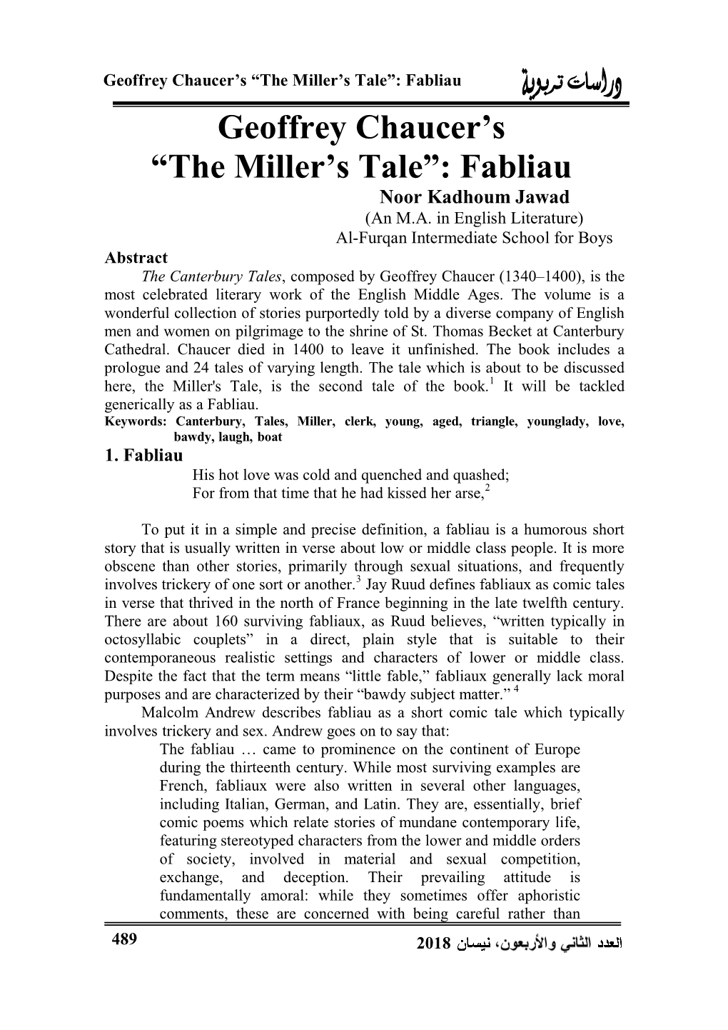 Geoffrey Chaucer's “The Miller's Tale”: Fabliau