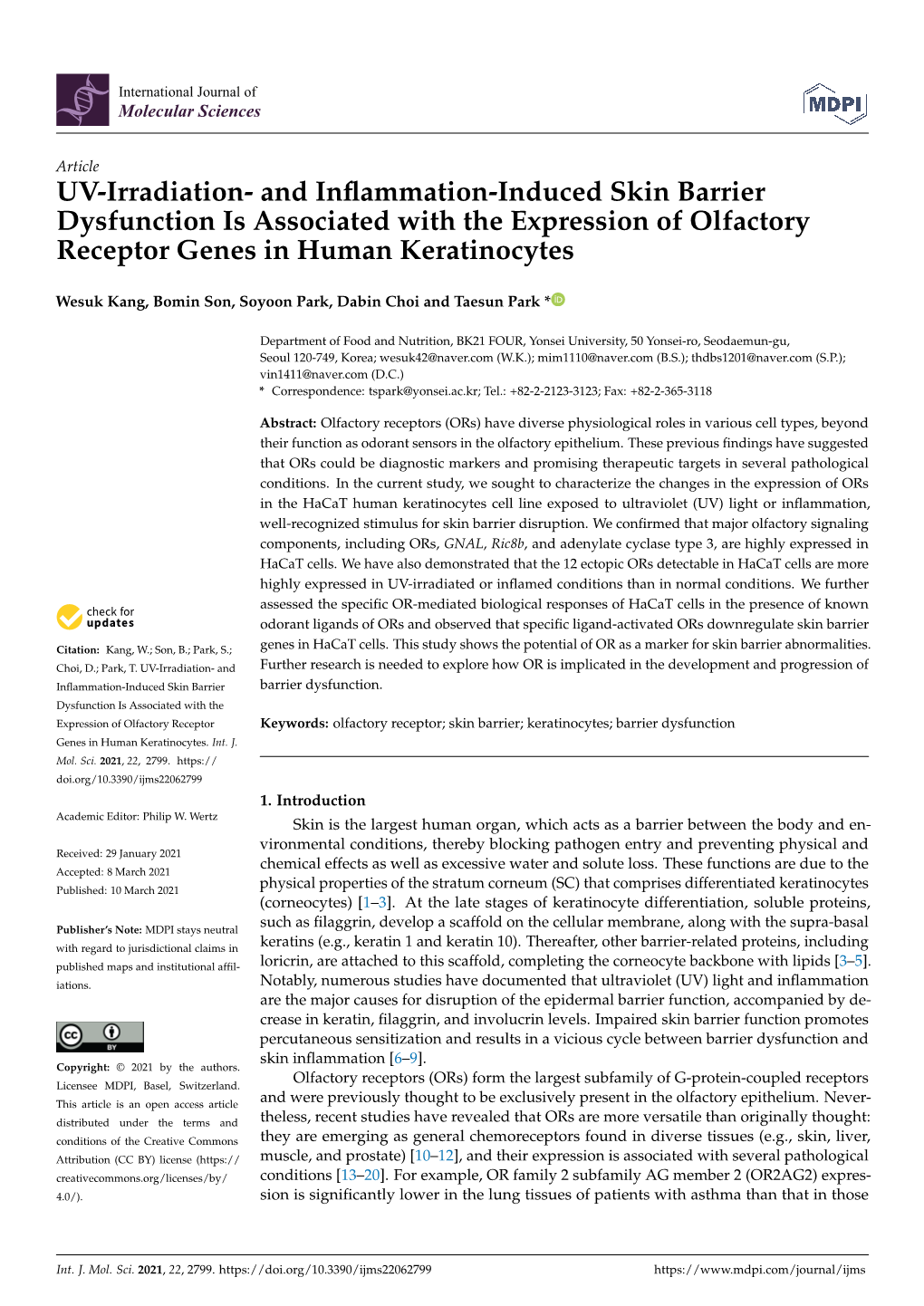 UV-Irradiation- and Inflammation-Induced Skin Barrier Dysfunction Is Associated with the Expression of Olfactory Receptor Genes