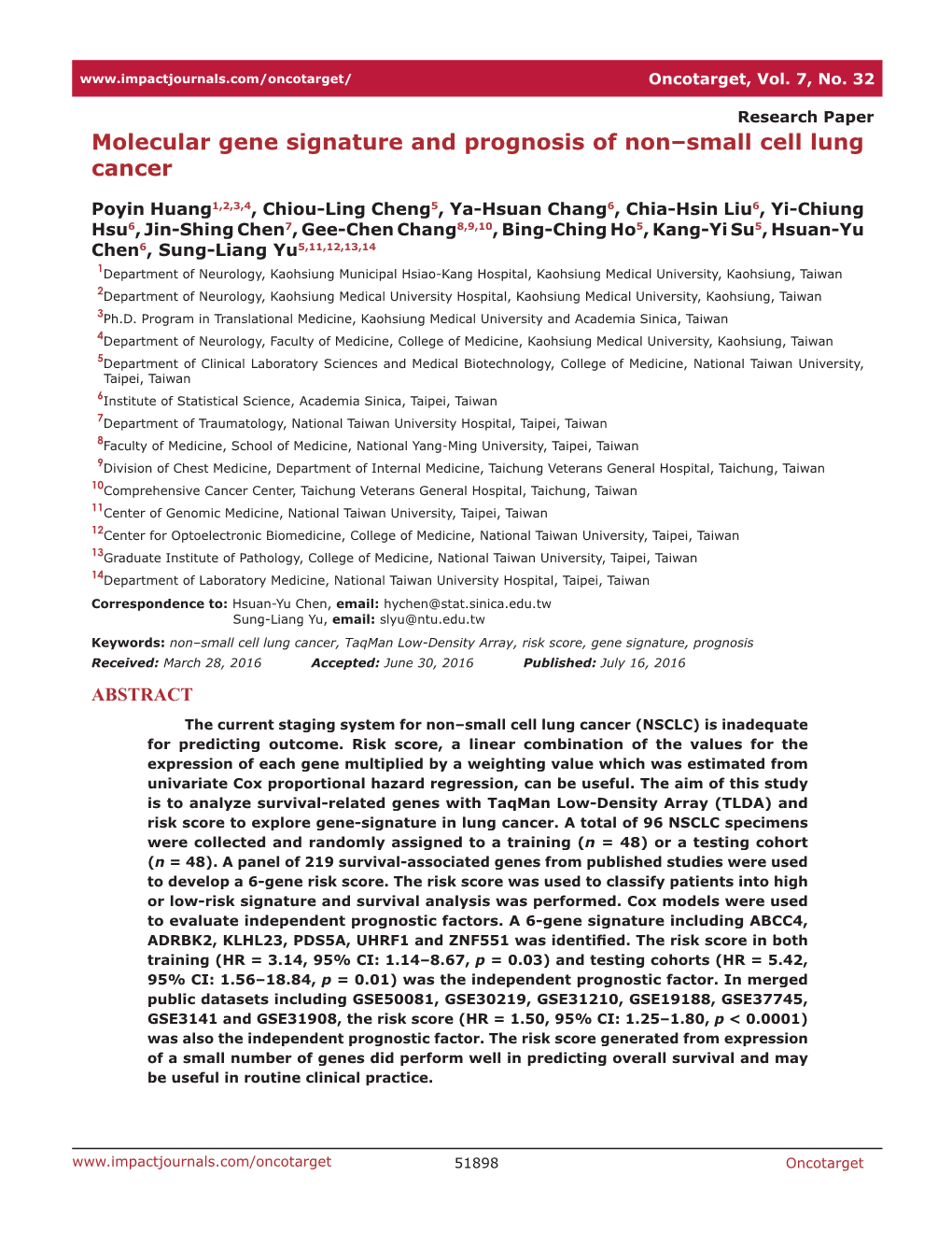 Molecular Gene Signature and Prognosis of Non–Small Cell Lung Cancer