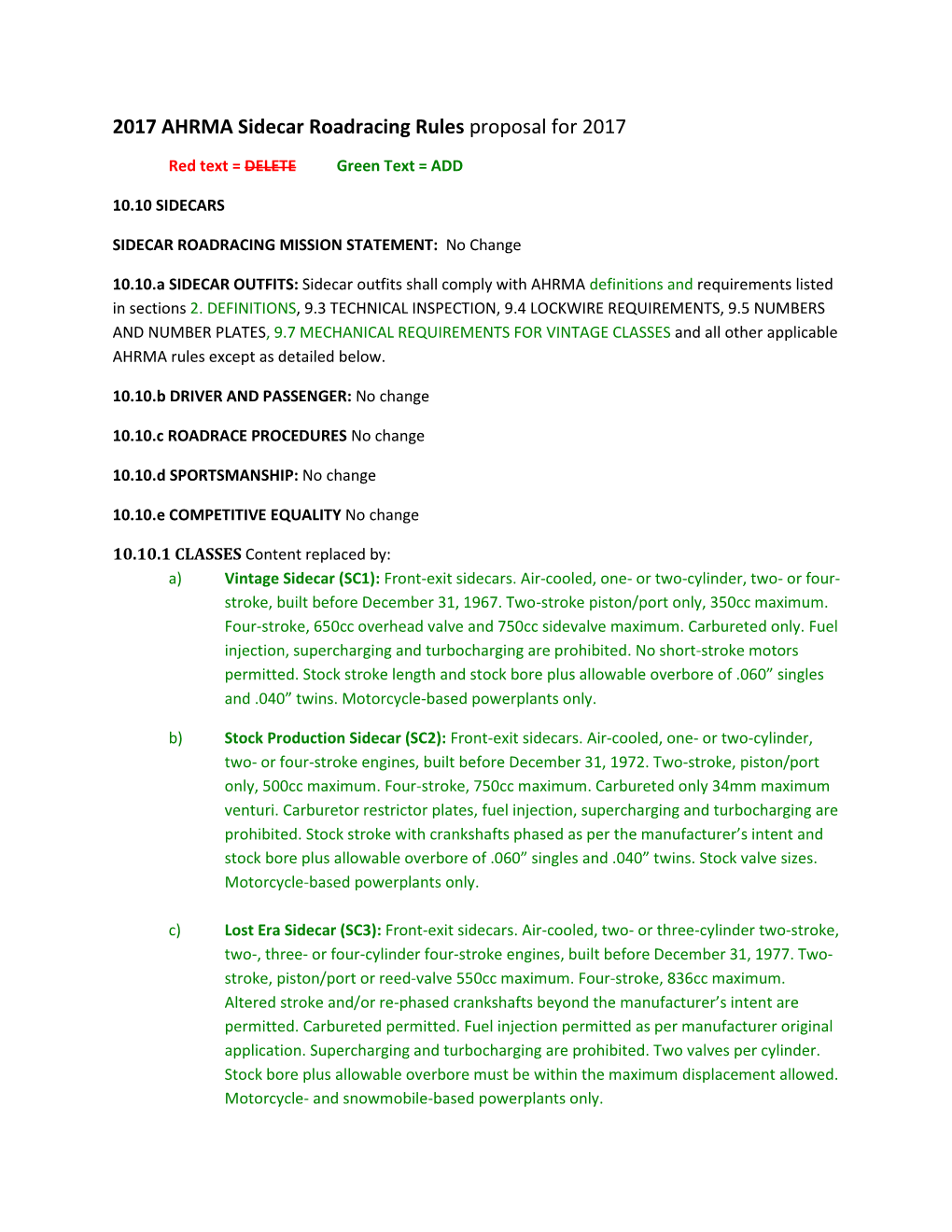 2017 AHRMA Sidecar Roadracing Rules Proposal for 2017