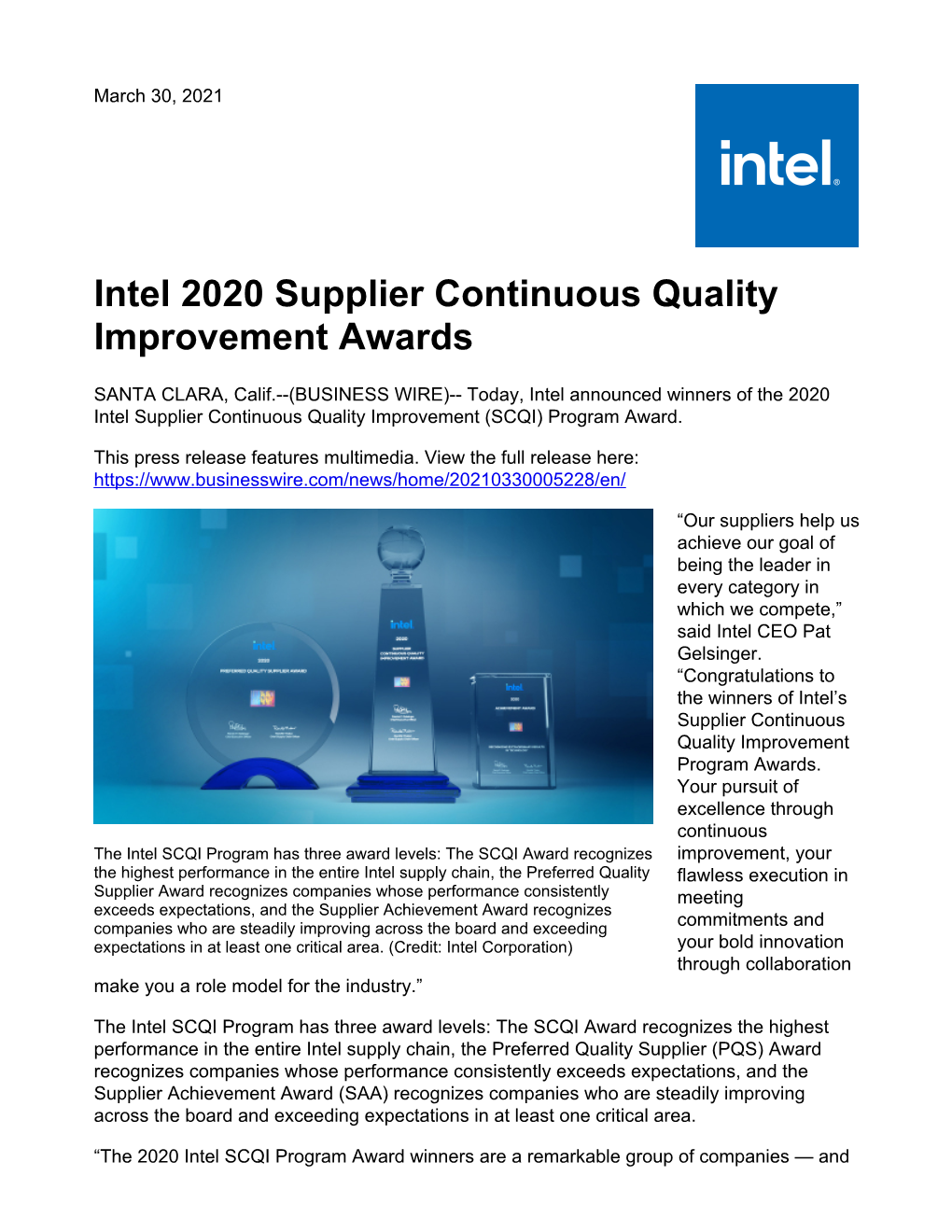 Intel 2020 Supplier Continuous Quality Improvement Awards