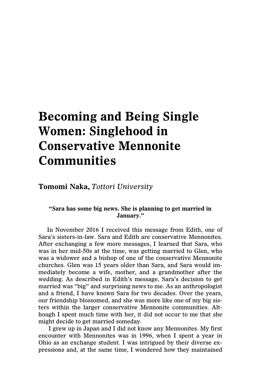 Becoming and Being Single Women: Singlehood in Conservative Mennonite Communities
