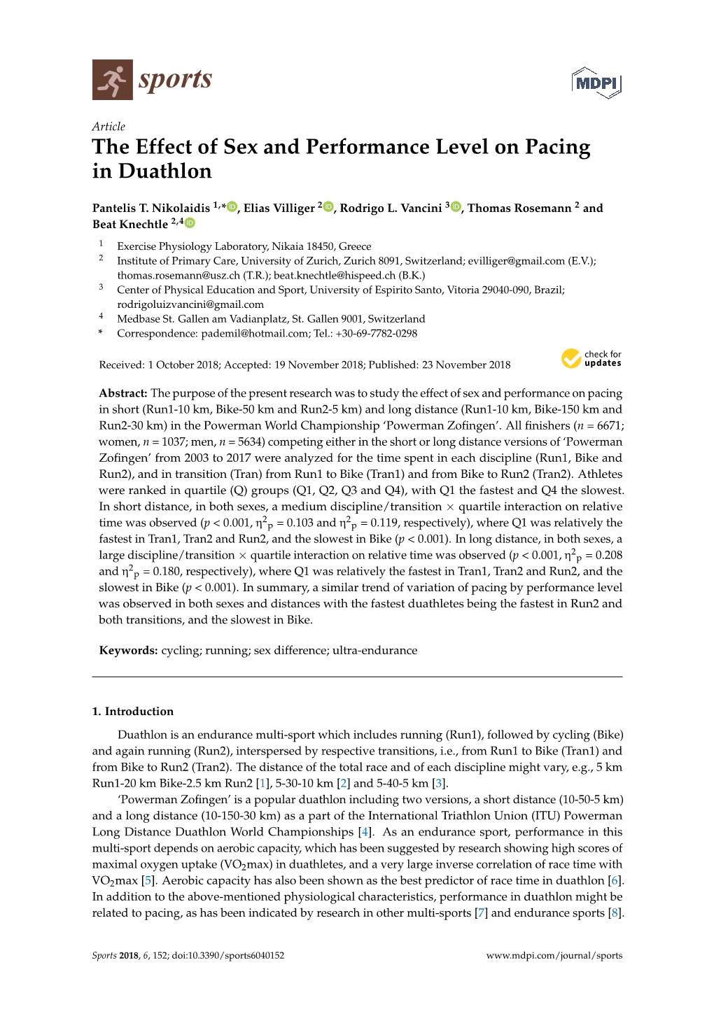 The Effect of Sex and Performance Level on Pacing in Duathlon