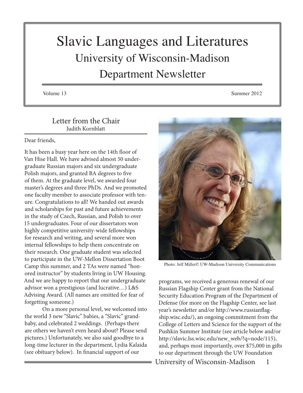 Slavic Languages and Literatures University of Wisconsin-Madison Department Newsletter