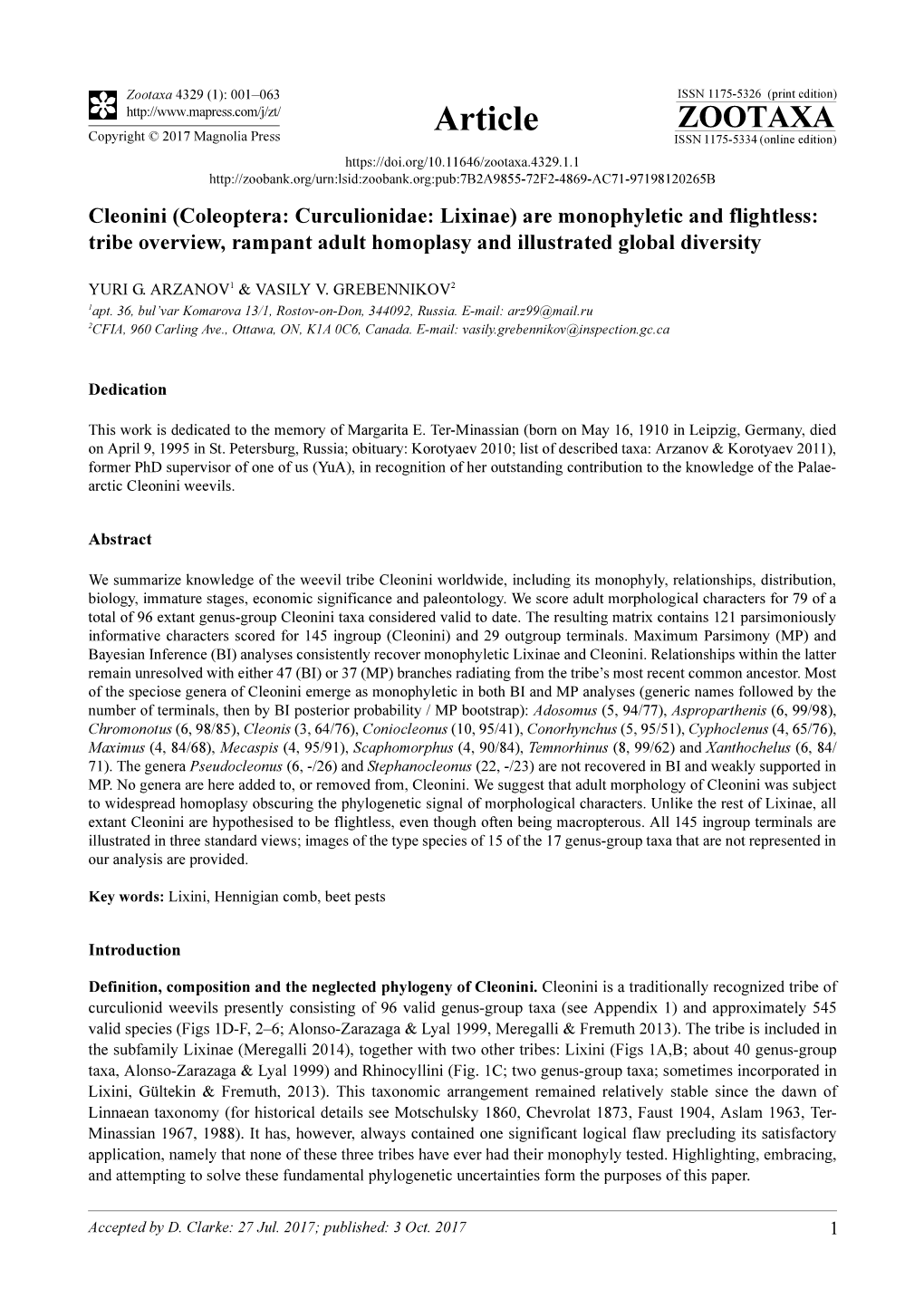 Cleonini (Coleoptera: Curculionidae: Lixinae) Are Monophyletic and Flightless: Tribe Overview, Rampant Adult Homoplasy and Illustrated Global Diversity