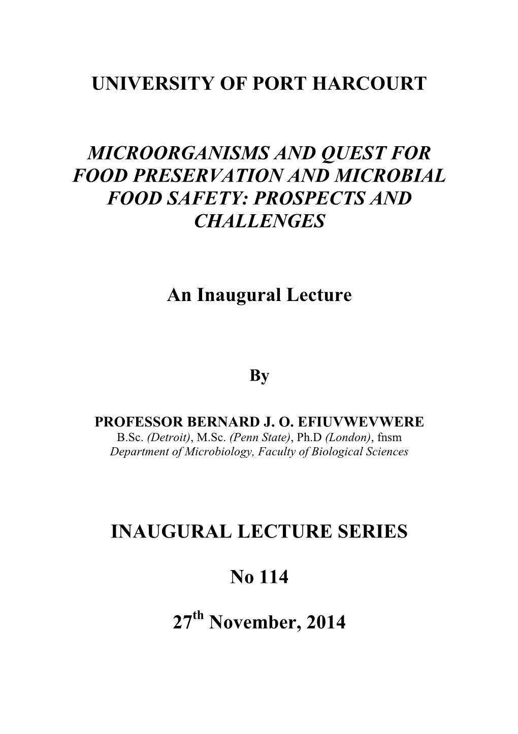 115Th Inaugural Lecture -2014 by Prof. Adewale Dosunmu