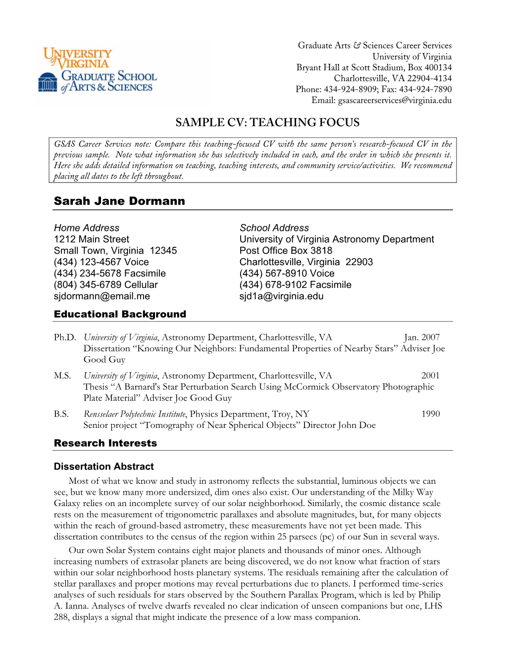 Sample Cv: Teaching Focus