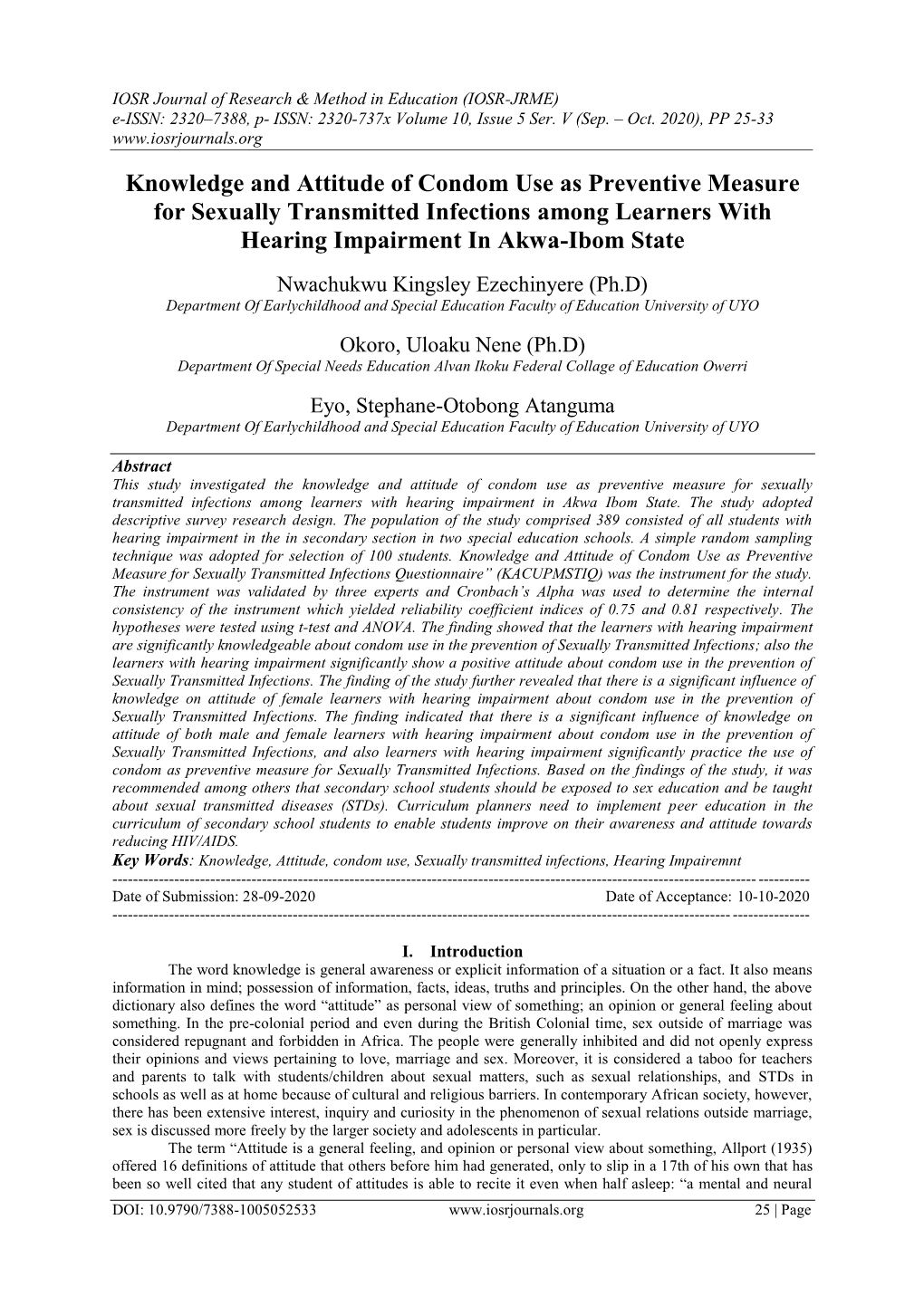 Knowledge and Attitude of Condom Use As Preventive Measure for Sexually Transmitted Infections Among Learners with Hearing Impairment in Akwa-Ibom State