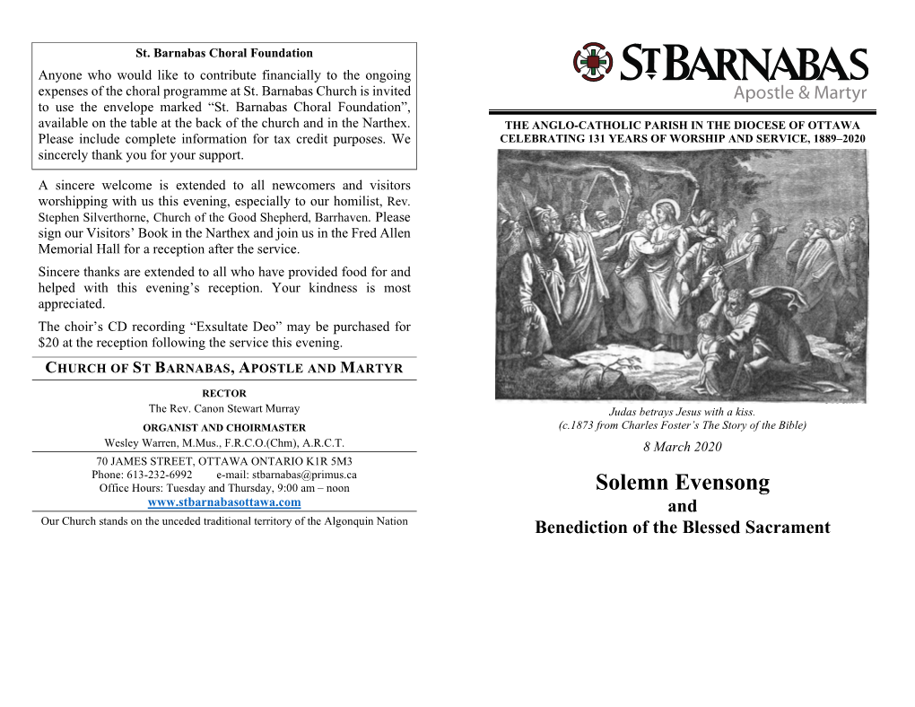 Solemn Evensong and Our Church Stands on the Unceded Traditional Territory of the Algonquin Nation Benediction of the Blessed Sacrament