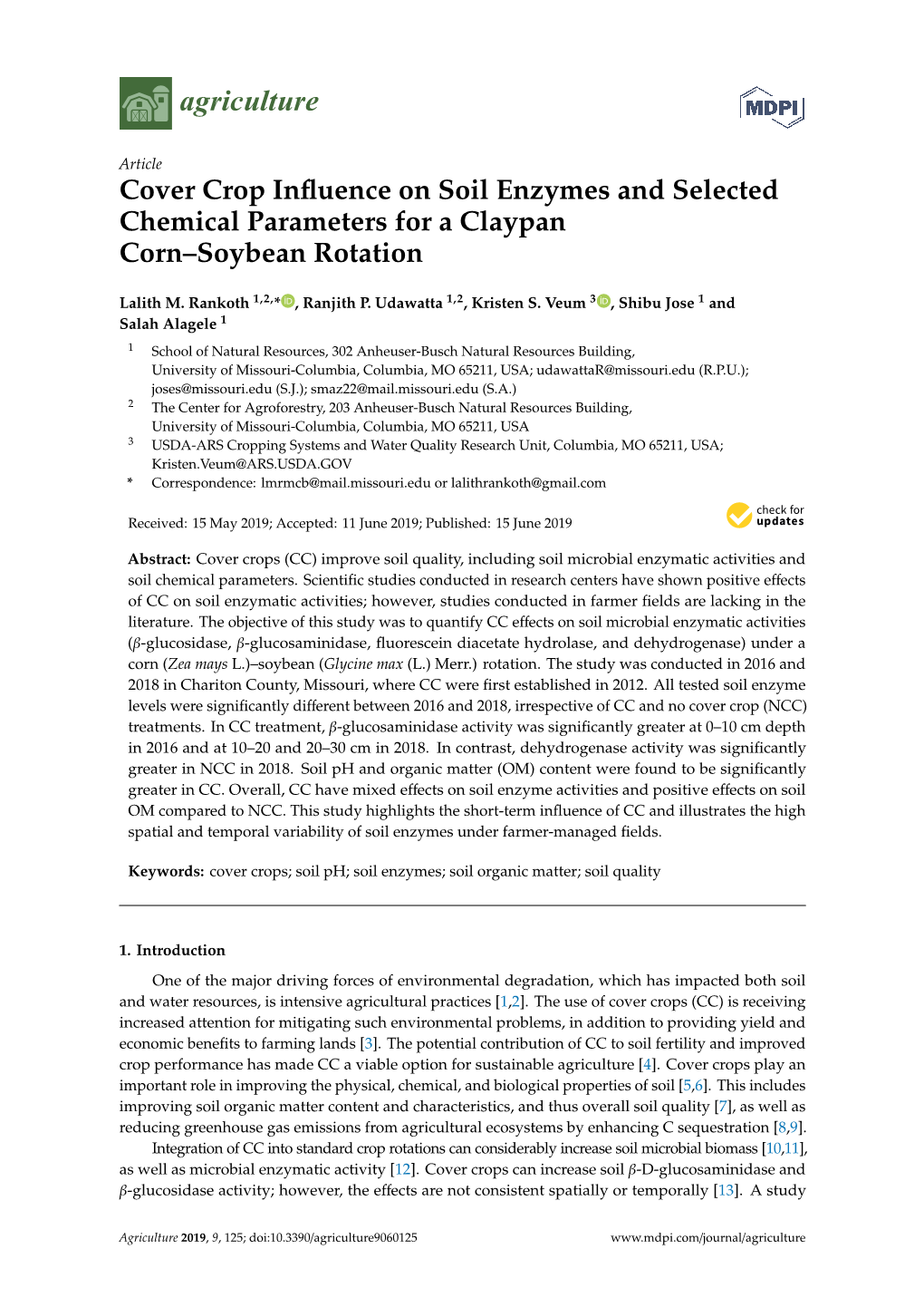 Cover Crop Influence on Soil Enzymes and Selected Chemical Parameters for a Claypan Corn–Soybean Rotation