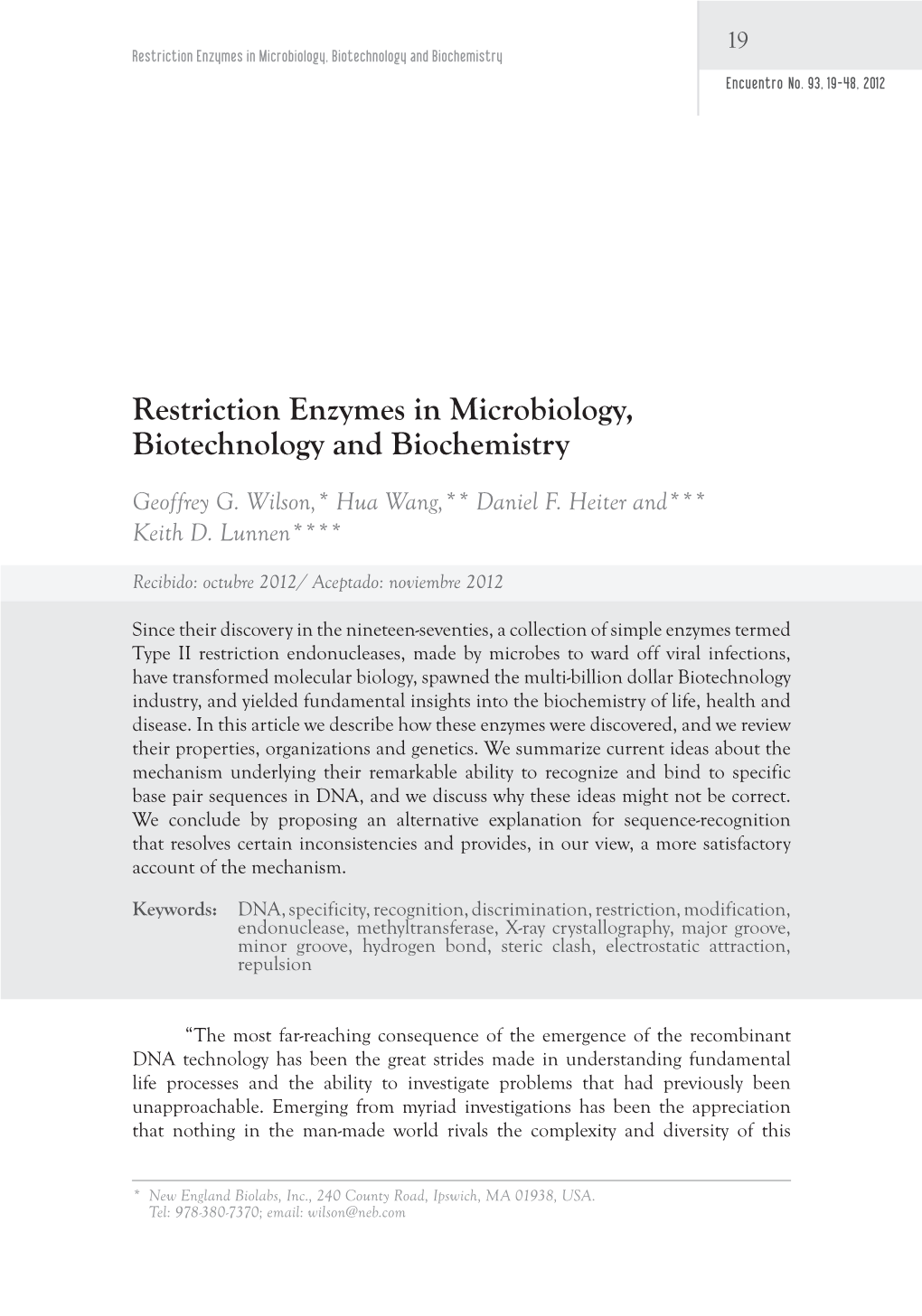 Restriction Enzymes in Microbiology, Biotechnology and Biochemistry Encuentro No