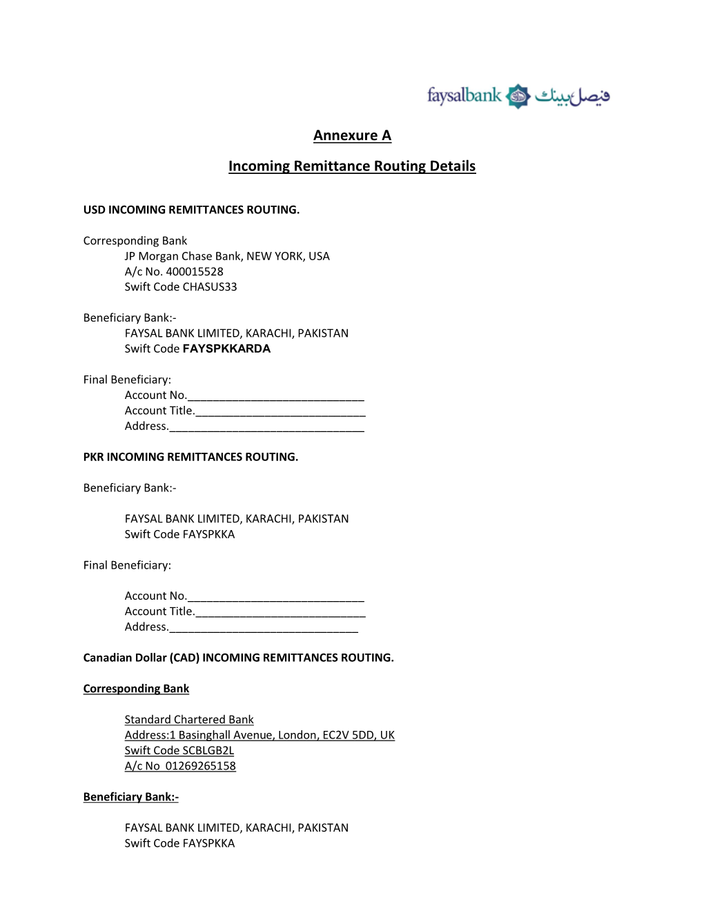 Annexure a Incoming Remittance Routing Details