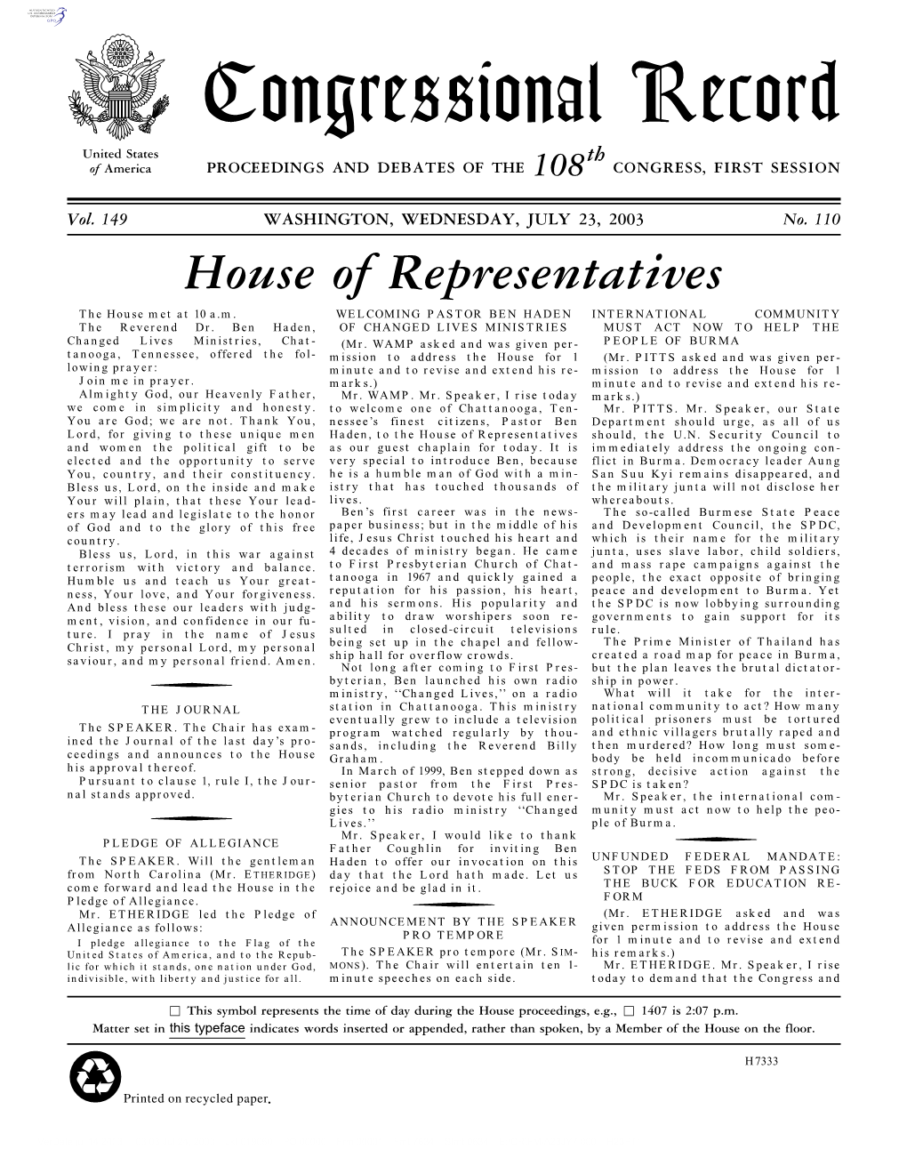 Congressional Record United States Th of America PROCEEDINGS and DEBATES of the 108 CONGRESS, FIRST SESSION