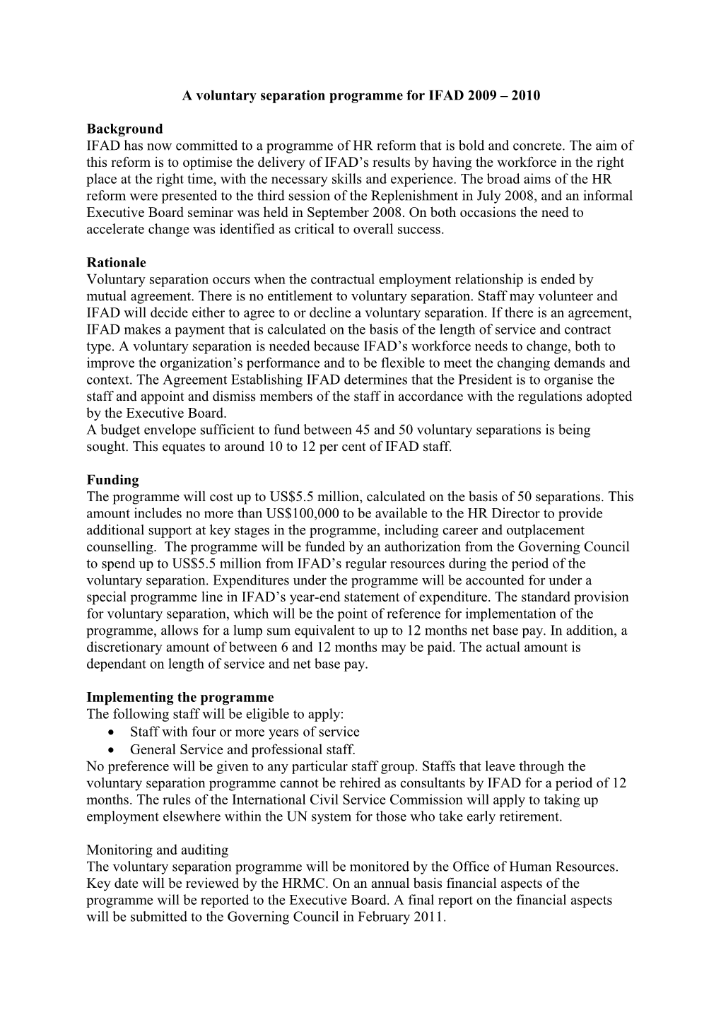 A Voluntary Separation Programme for IFAD 2009 2010