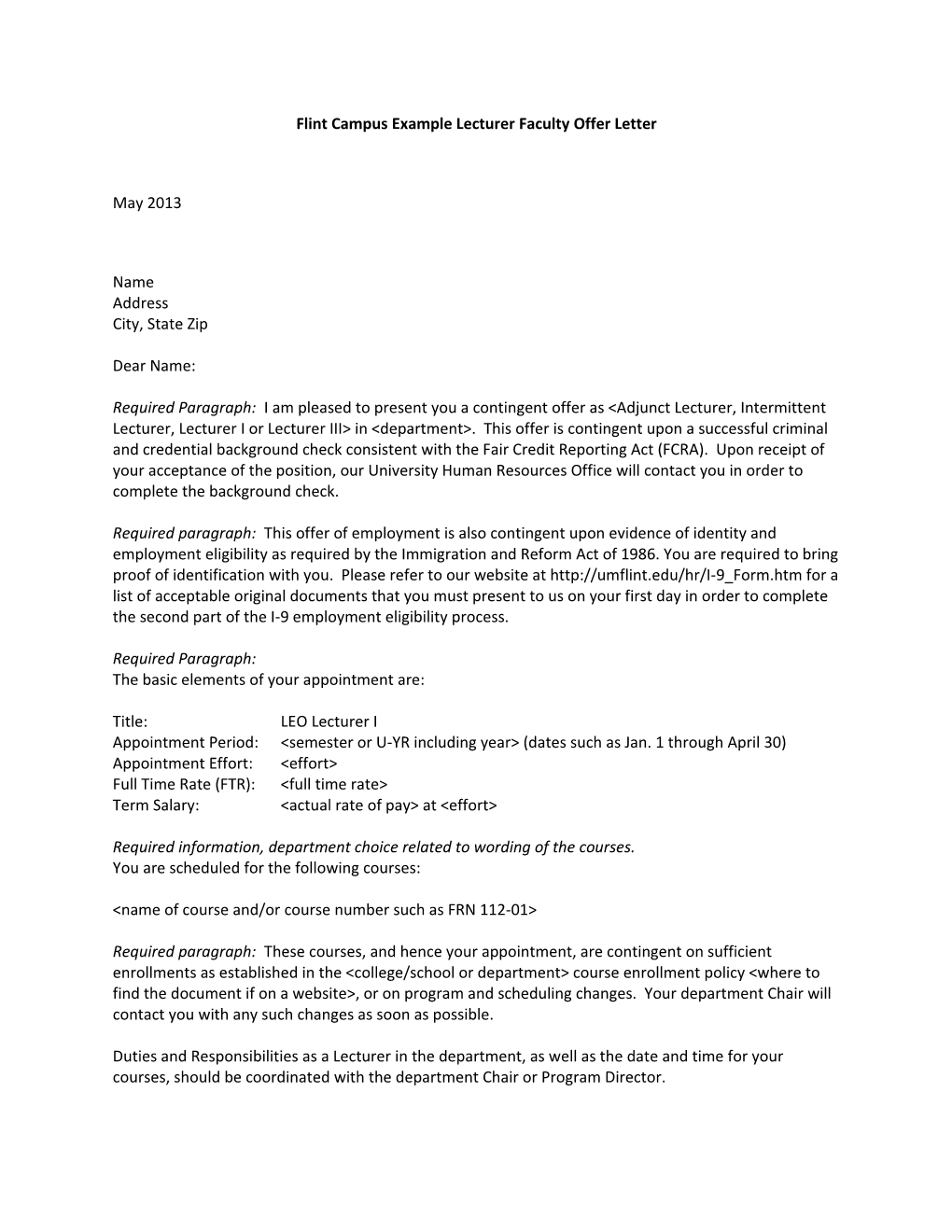 Flint Campus Example Lecturer Faculty Offer Letter