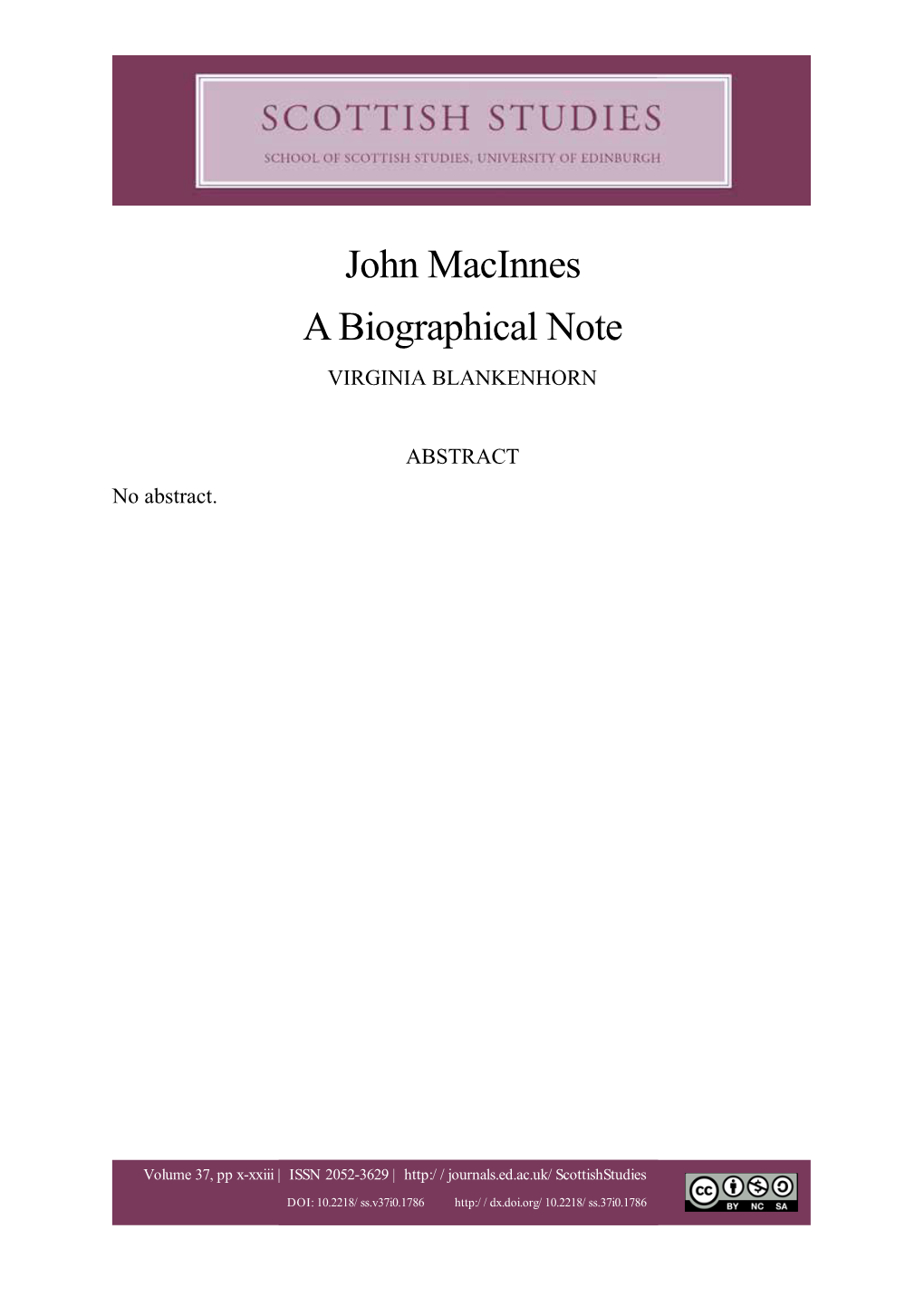 John Macinnes a Biographical Note VIRGINIA BLANKENHORN