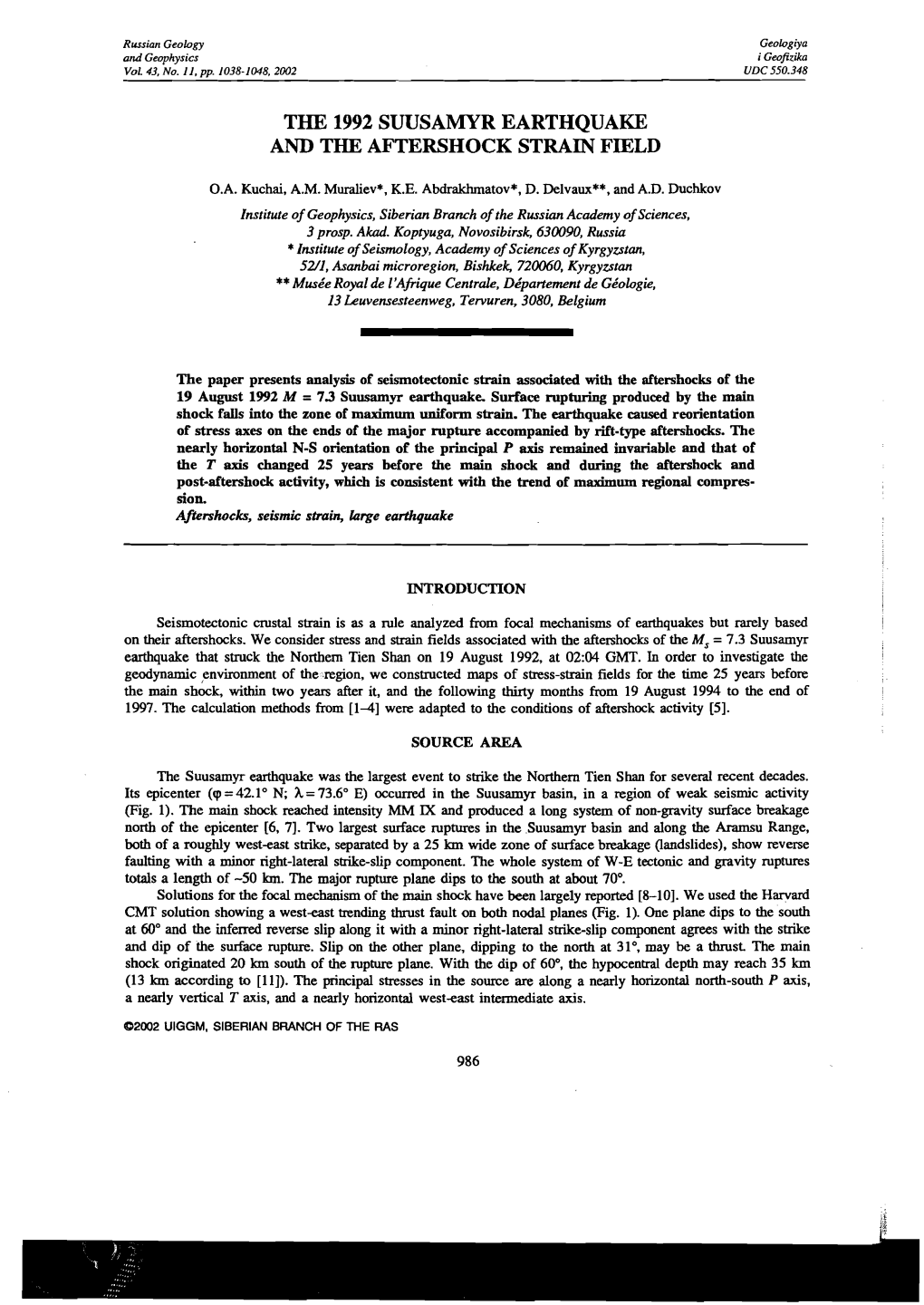 The 1992 Suusamyr Earthquake and the Aftershock Strain Field