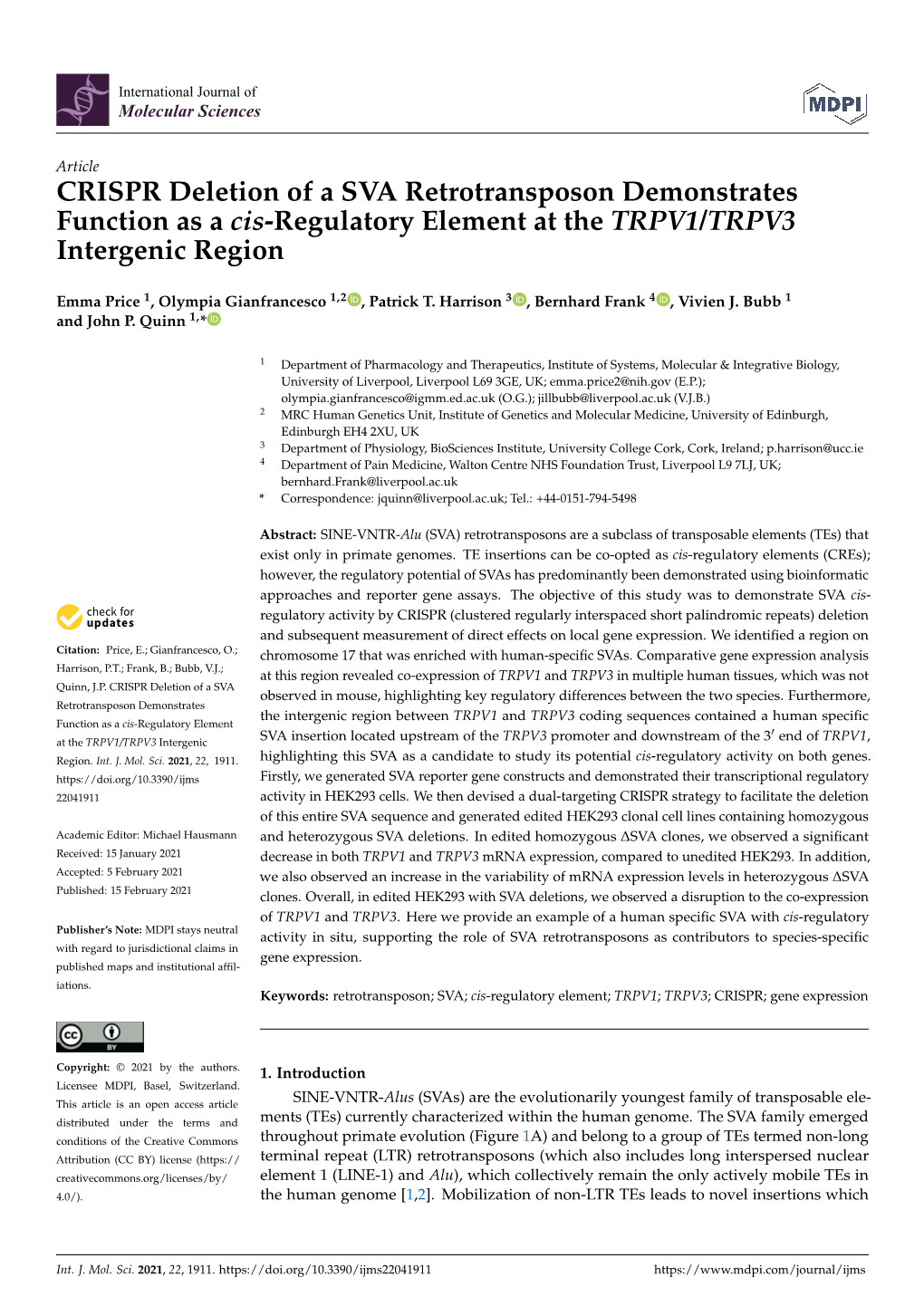 CRISPR Deletion of a SVA Retrotransposon Demonstrates Function As a Cis-Regulatory Element at the TRPV1/TRPV3 Intergenic Region