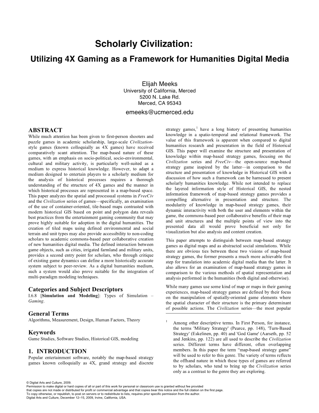 Scholarly Civilization: Utilizing 4X Gaming As a Framework for Humanities Digital Media