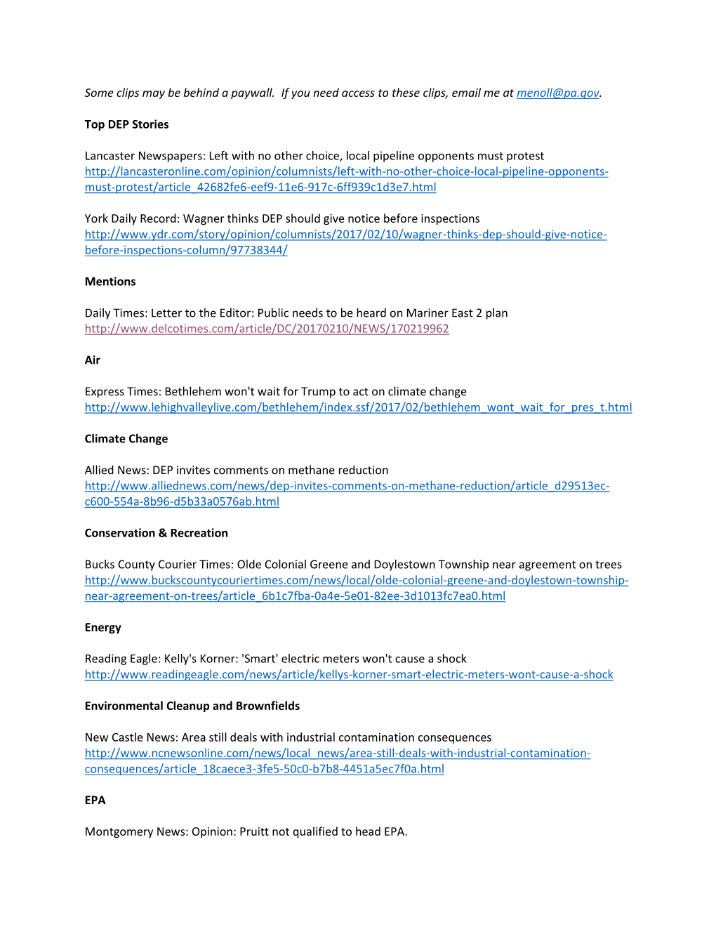 Some Clips May Be Behind a Paywall. If You Need Access to These Clips, Email Me at Menoll@Pa.Gov. Top DEP Stories Lancaster N