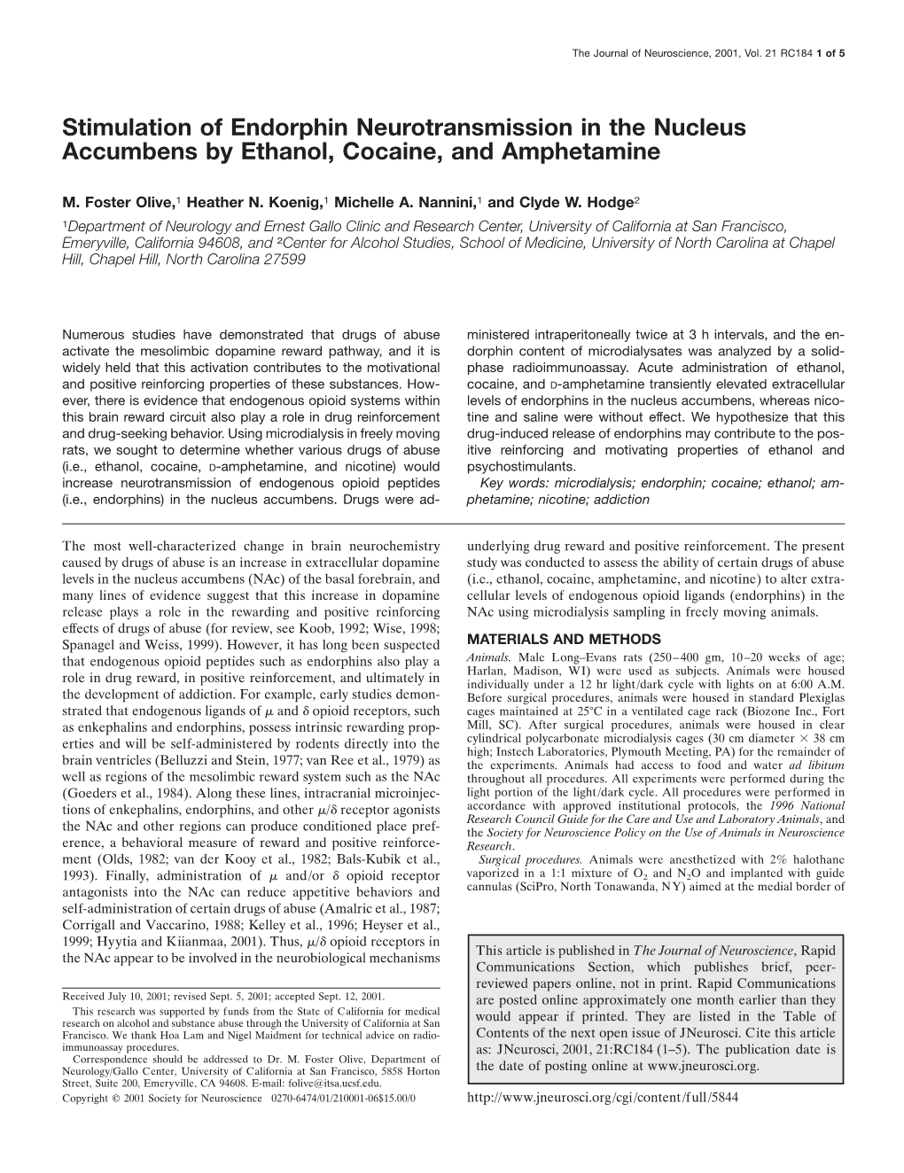 Stimulation of Endorphin Neurotransmission in the Nucleus Accumbens by Ethanol, Cocaine, and Amphetamine