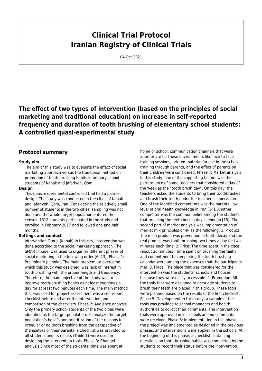 Clinical Trial Protocol Iranian Registry of Clinical Trials
