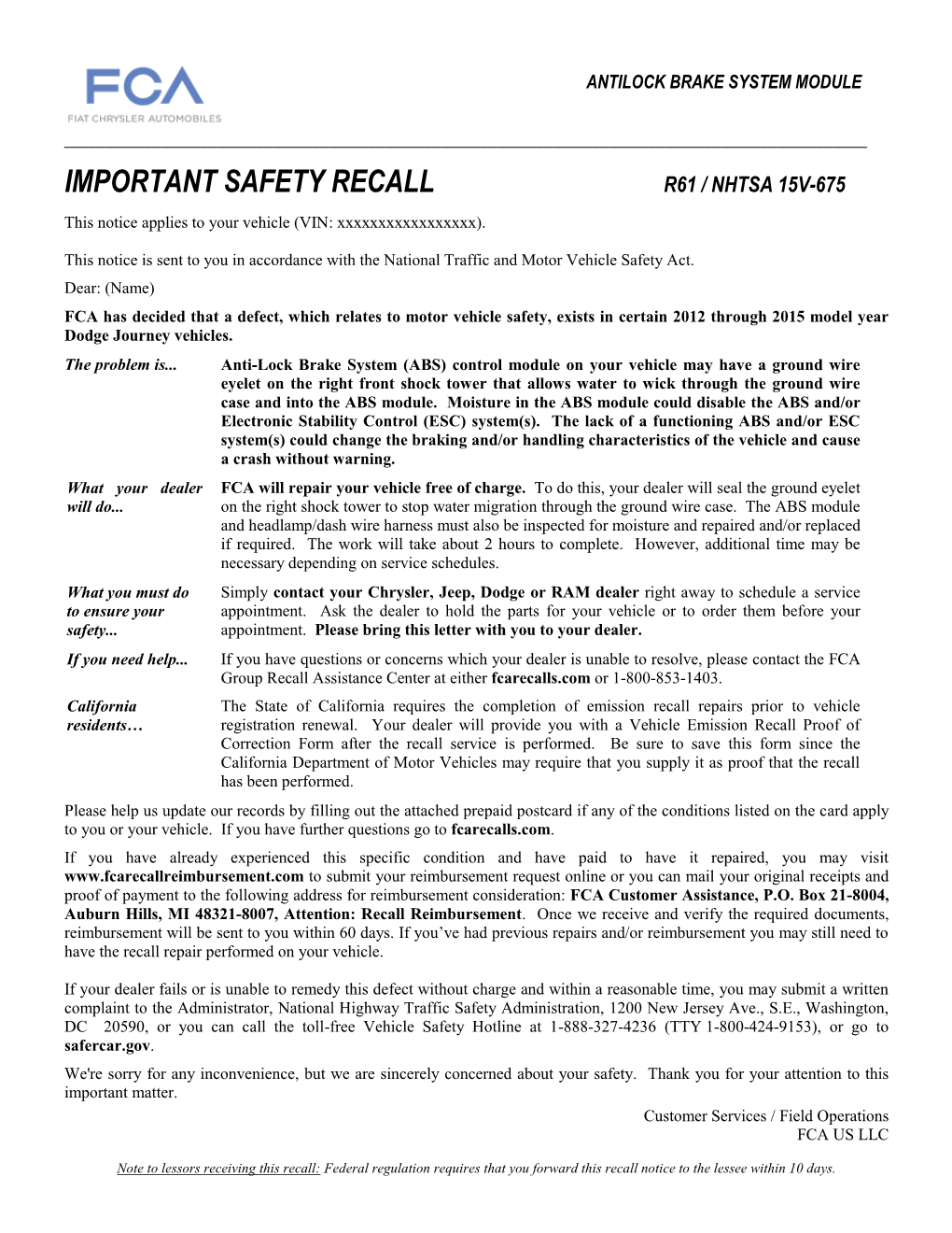 Important Safety Recall R61 / Nhtsa 15V-675