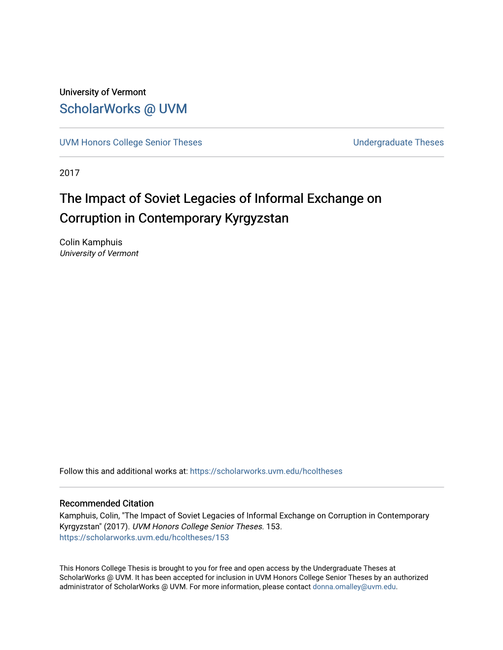 The Impact of Soviet Legacies of Informal Exchange on Corruption in Contemporary Kyrgyzstan