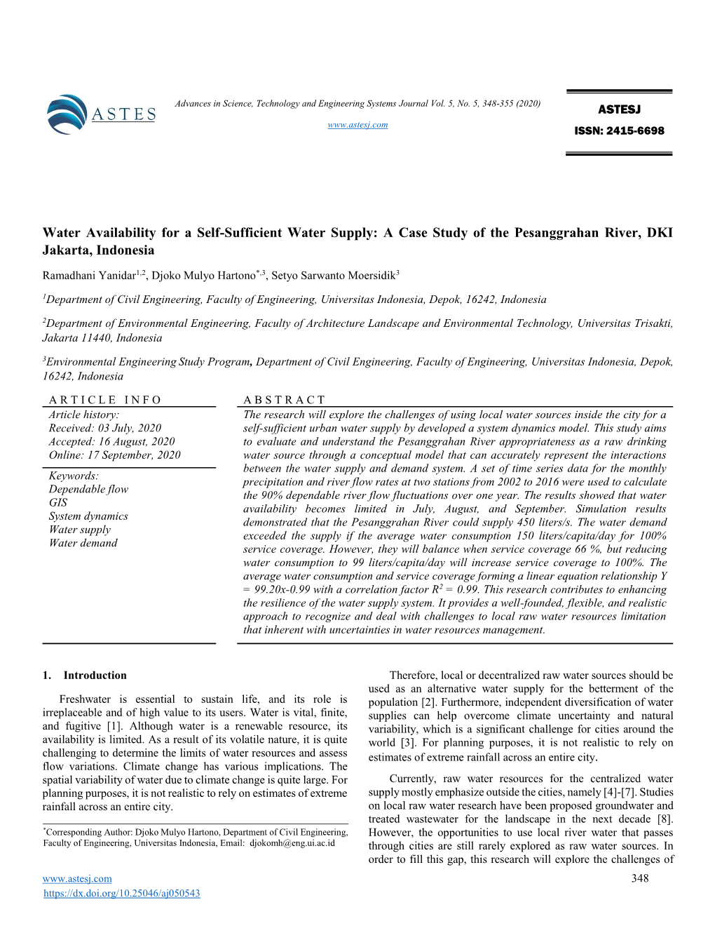 Water Availability for a Self-Sufficient Water Supply: a Case Study of the Pesanggrahan River, DKI Jakarta, Indonesia