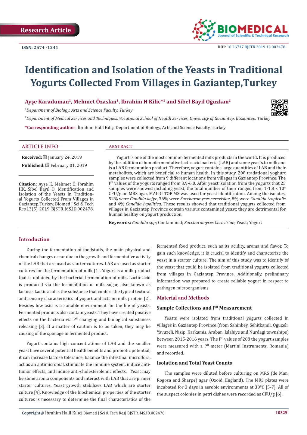 Identification and Isolation of the Yeasts in Traditional Yogurts Collected from Villages in Gaziantep,Turkey