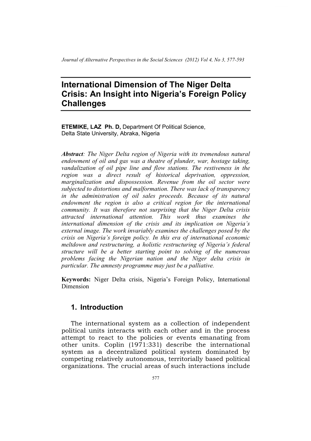 International Dimension of the Niger Delta Crisis: an Insight Into Nigeria’S Foreign Policy Challenges