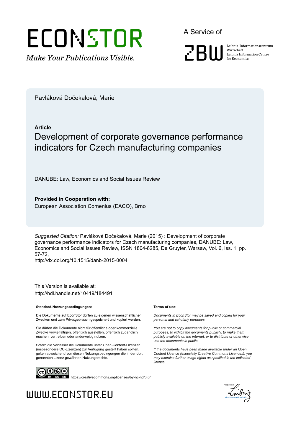 Development of Corporate Governance Performance Indicators for Czech Manufacturing Companies
