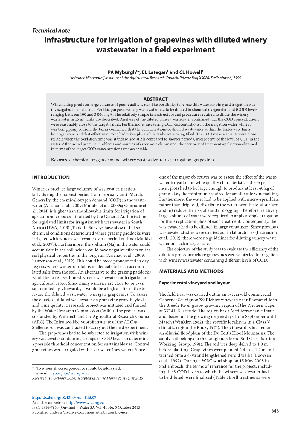 Infrastructure for Irrigation of Grapevines with Diluted Winery Wastewater in a Field Experiment