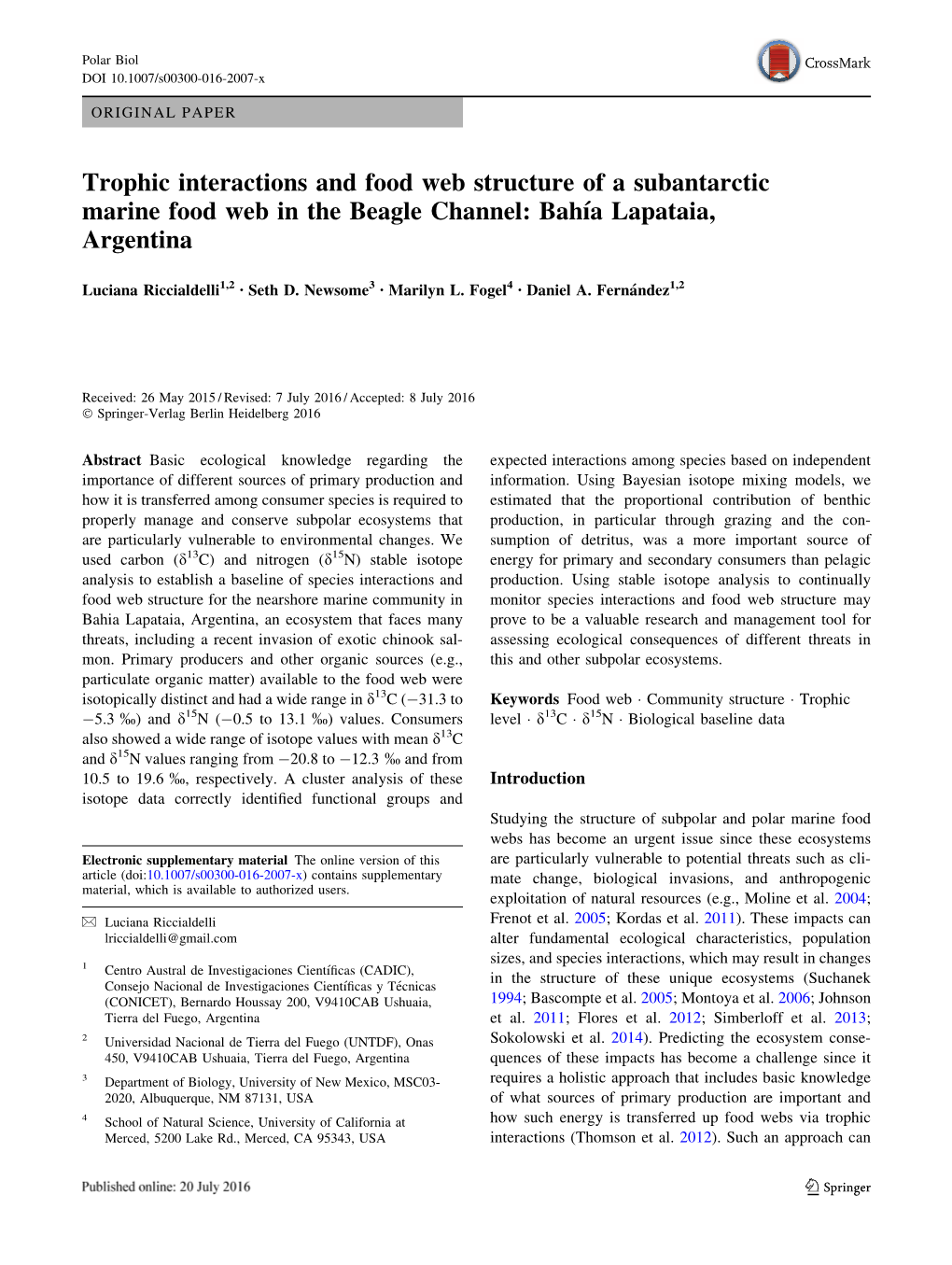 Trophic Interactions and Food Web Structure of a Subantarctic Marine Food Web in the Beagle Channel: Bahı´A Lapataia, Argentina