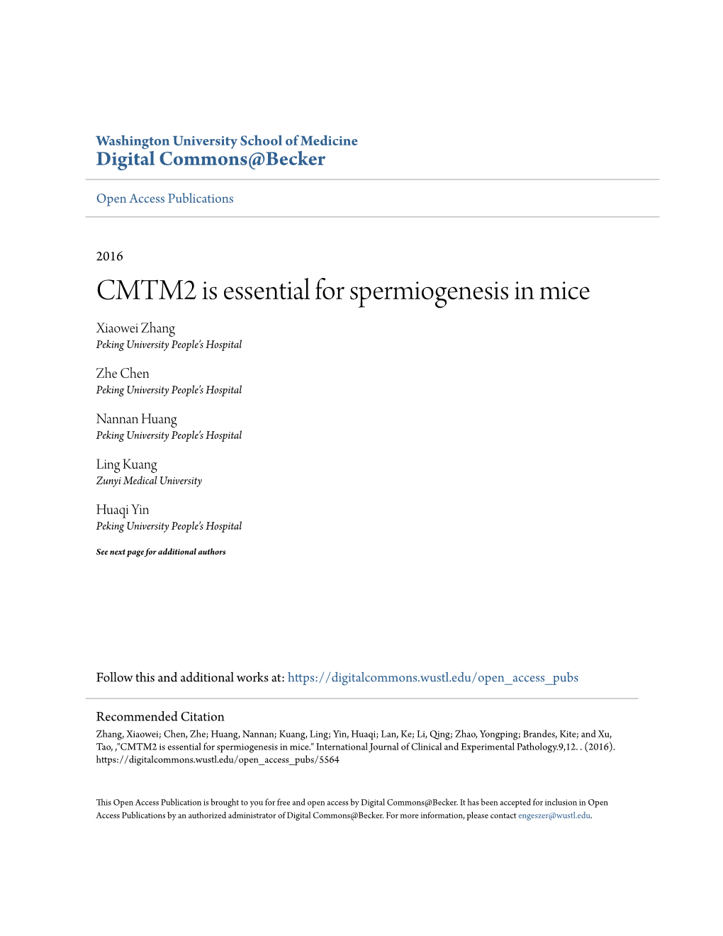 CMTM2 Is Essential for Spermiogenesis in Mice Xiaowei Zhang Peking University People's Hospital