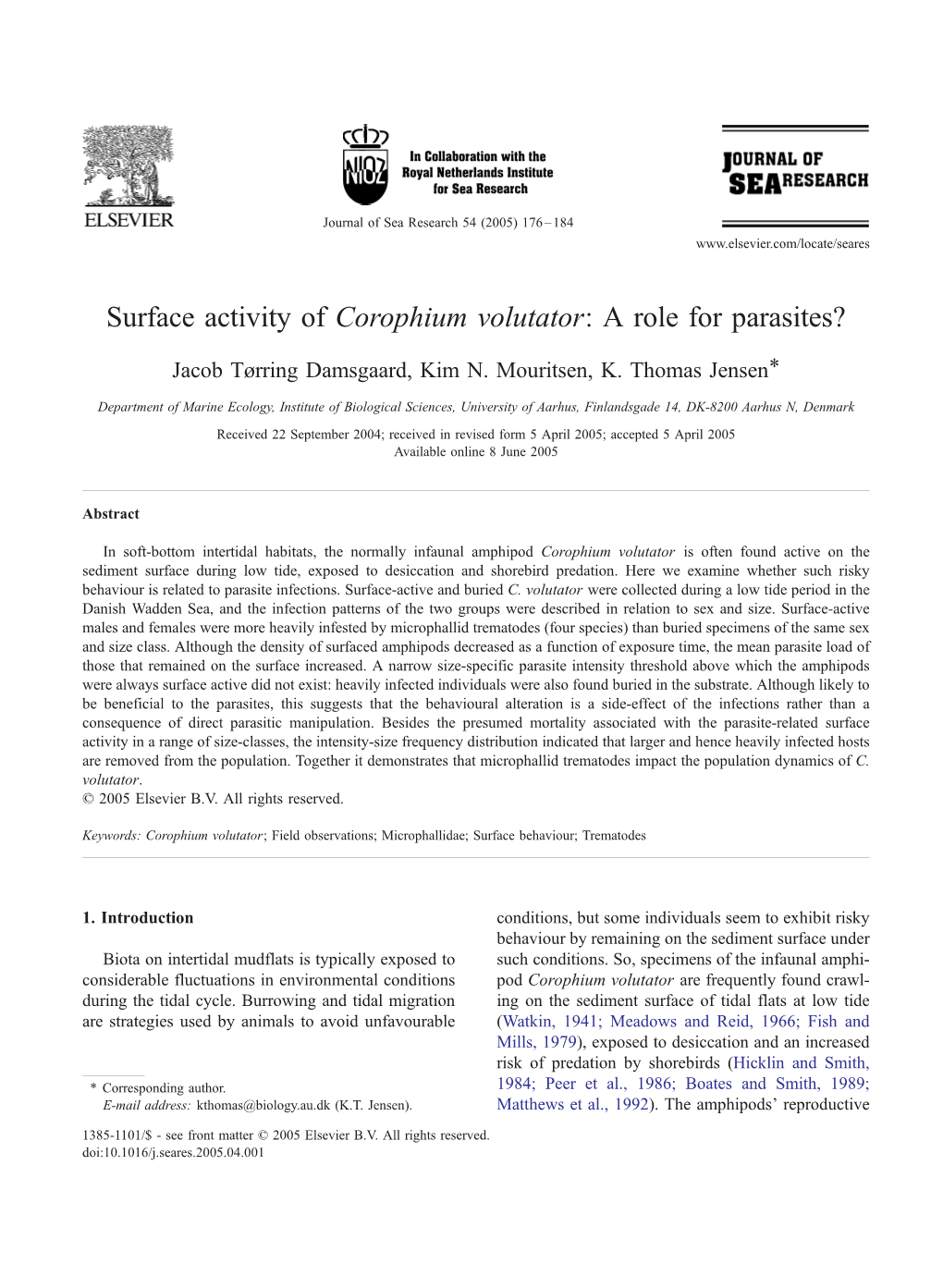 Surface Activity of Corophium Volutator: a Role for Parasites?