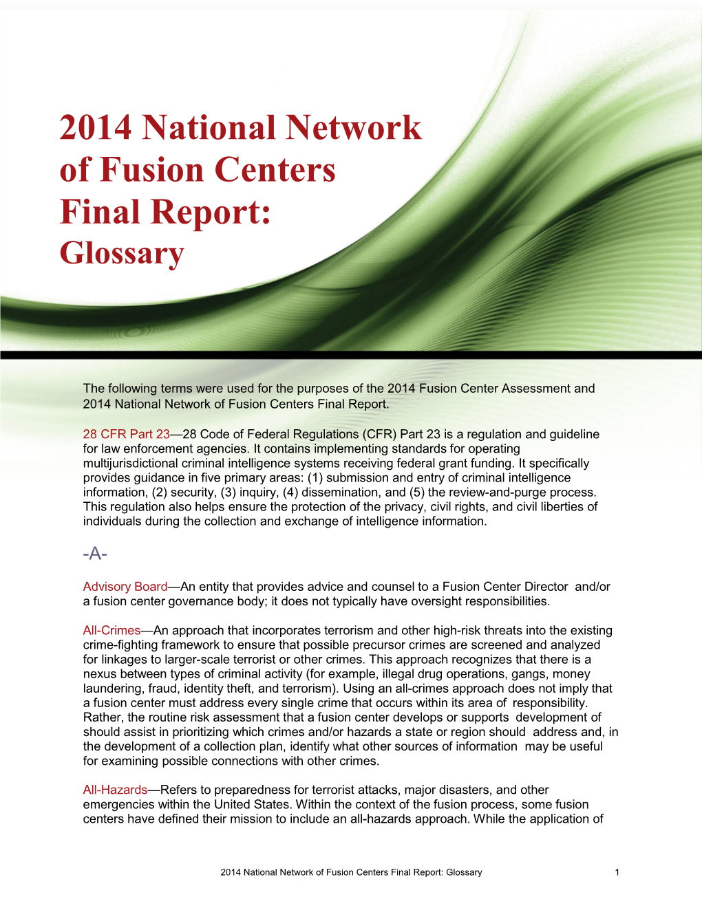 2014 National Network of Fusion Centers Final Report: Glossary