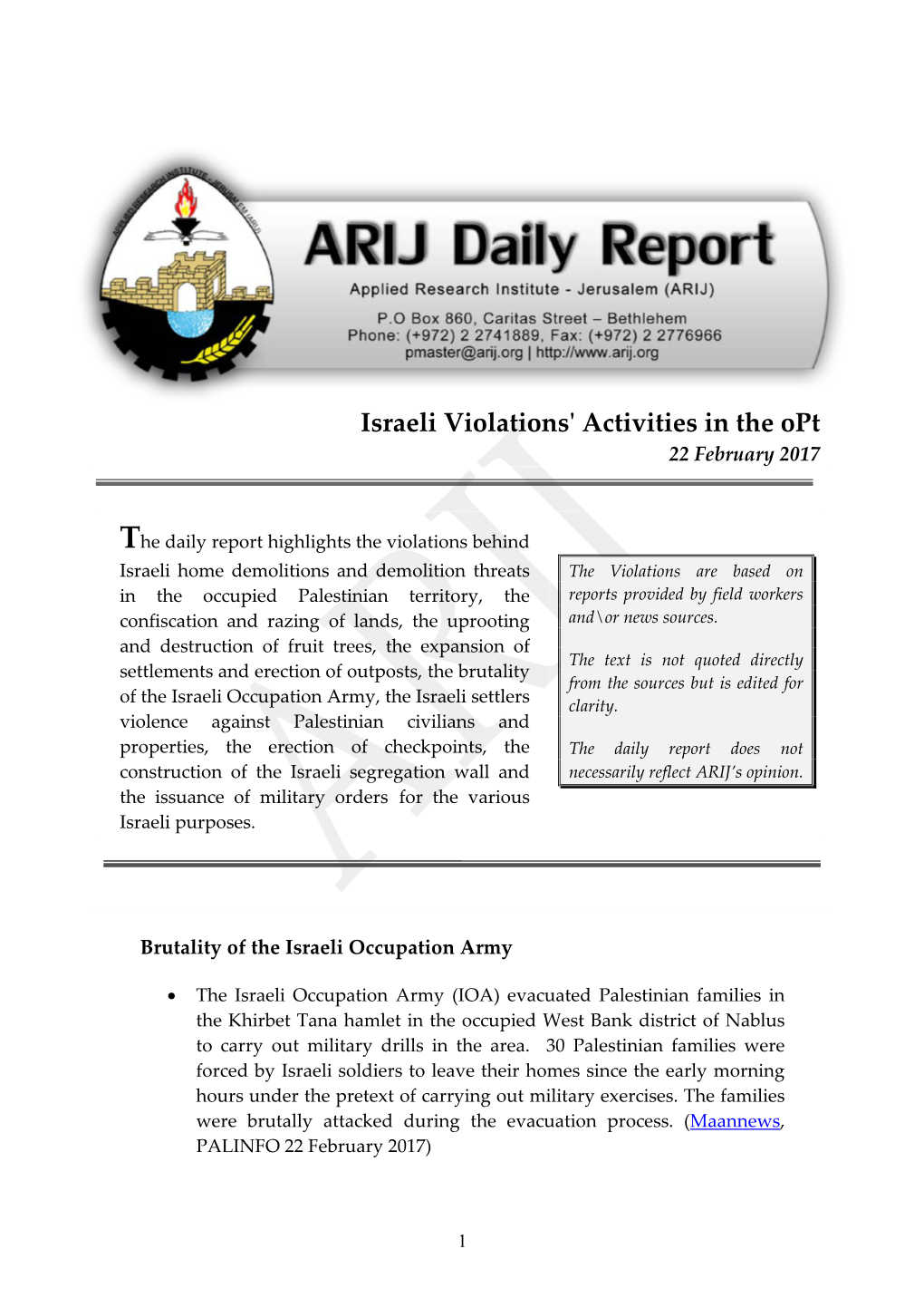 Israeli Violations' Activities in the Opt 22 February 2017