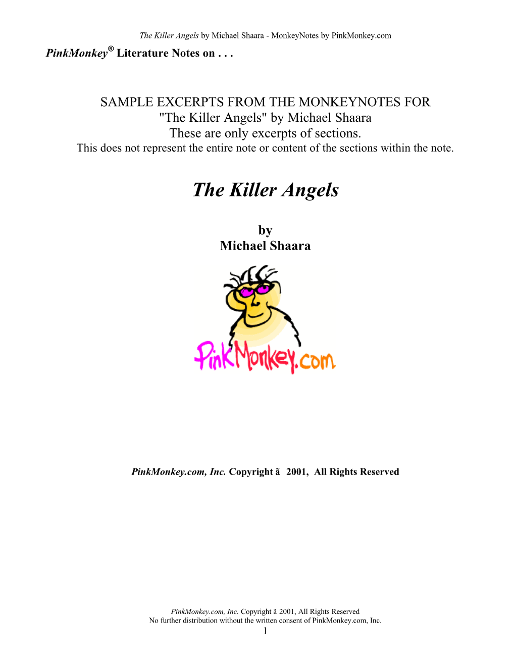 The Killer Angels by Michael Shaara - Monkeynotes by Pinkmonkey.Com Pinkmonkey® Literature Notes On
