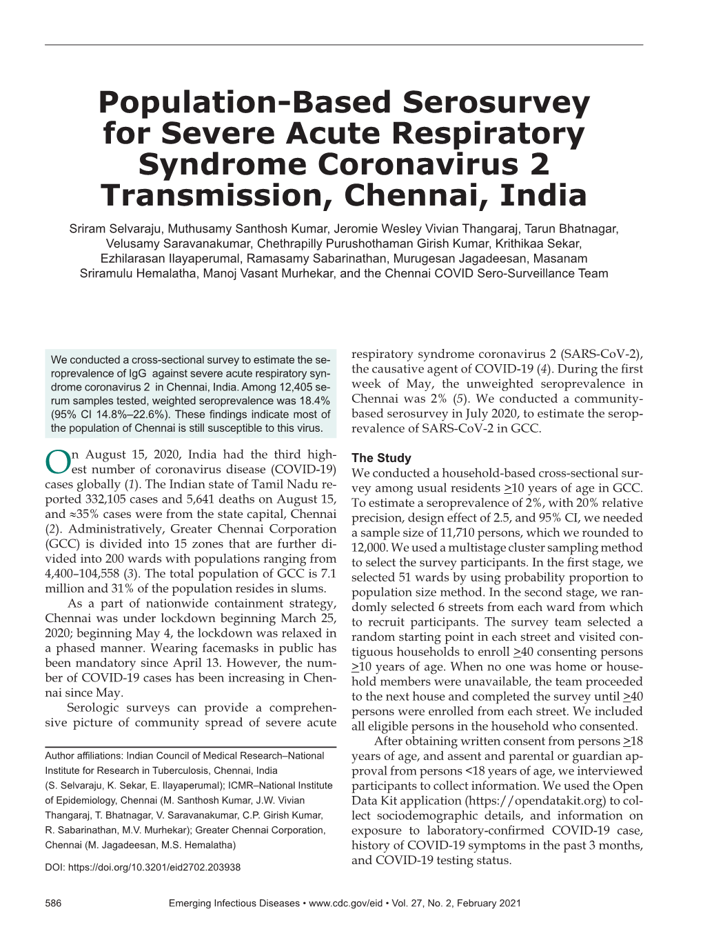 Population-Based Serosurvey for Severe Acute Respiratory