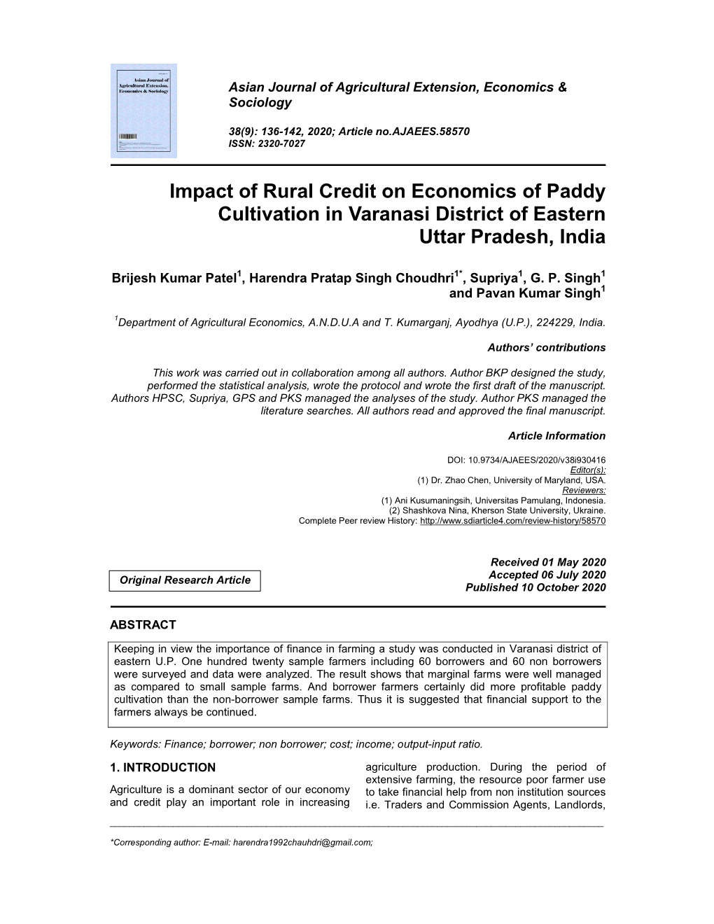 Impact of Rural Credit on Economics of Paddy Cultivation in Varanasi District of Eastern Uttar Pradesh, India