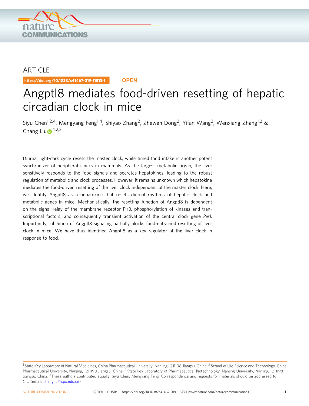 Angptl8 Mediates Food-Driven Resetting of Hepatic Circadian Clock in Mice